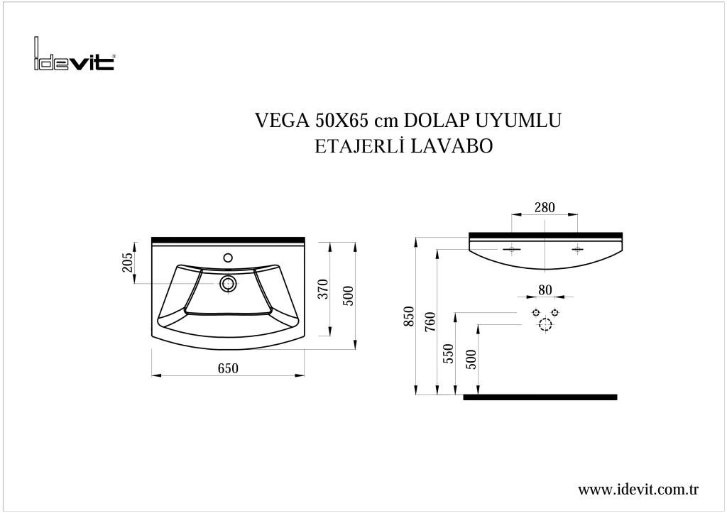 İDEVİT Vega 65CM Hilton Dolap Uyumlu Etejerli Lavabo 5 Yıl Garanti