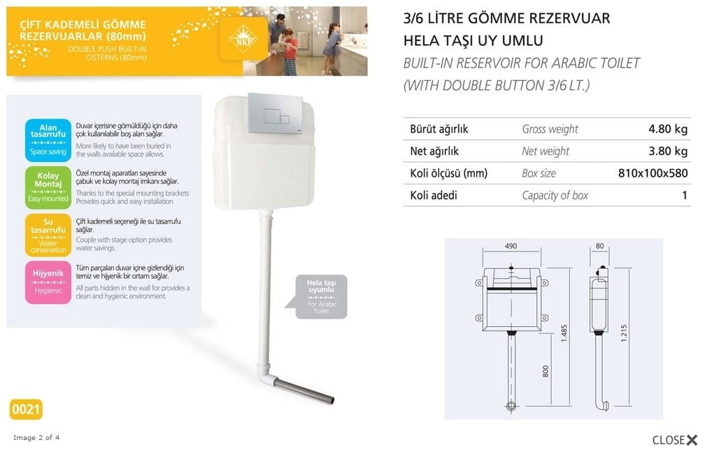NKP 3/6 Litre Çift Kademeli Gömme Rezervuar (Hela Taşı Uyumlu)