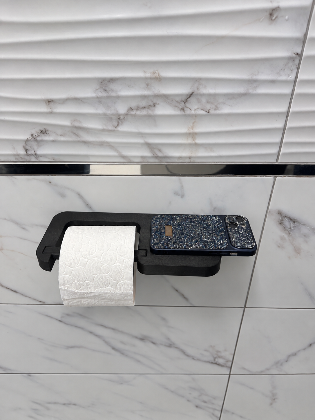 T-May Raflı Tuvalet Kağıtlığı – Telefon Raflı Yapışkanlı ve Vidalı Siyah WC Kağıtlığı