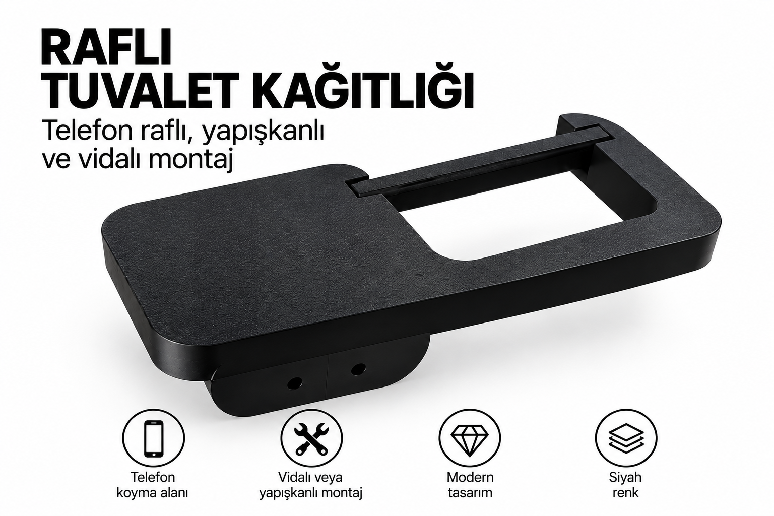 T-May Raflı Tuvalet Kağıtlığı – Telefon Raflı Yapışkanlı ve Vidalı Siyah WC Kağıtlığı