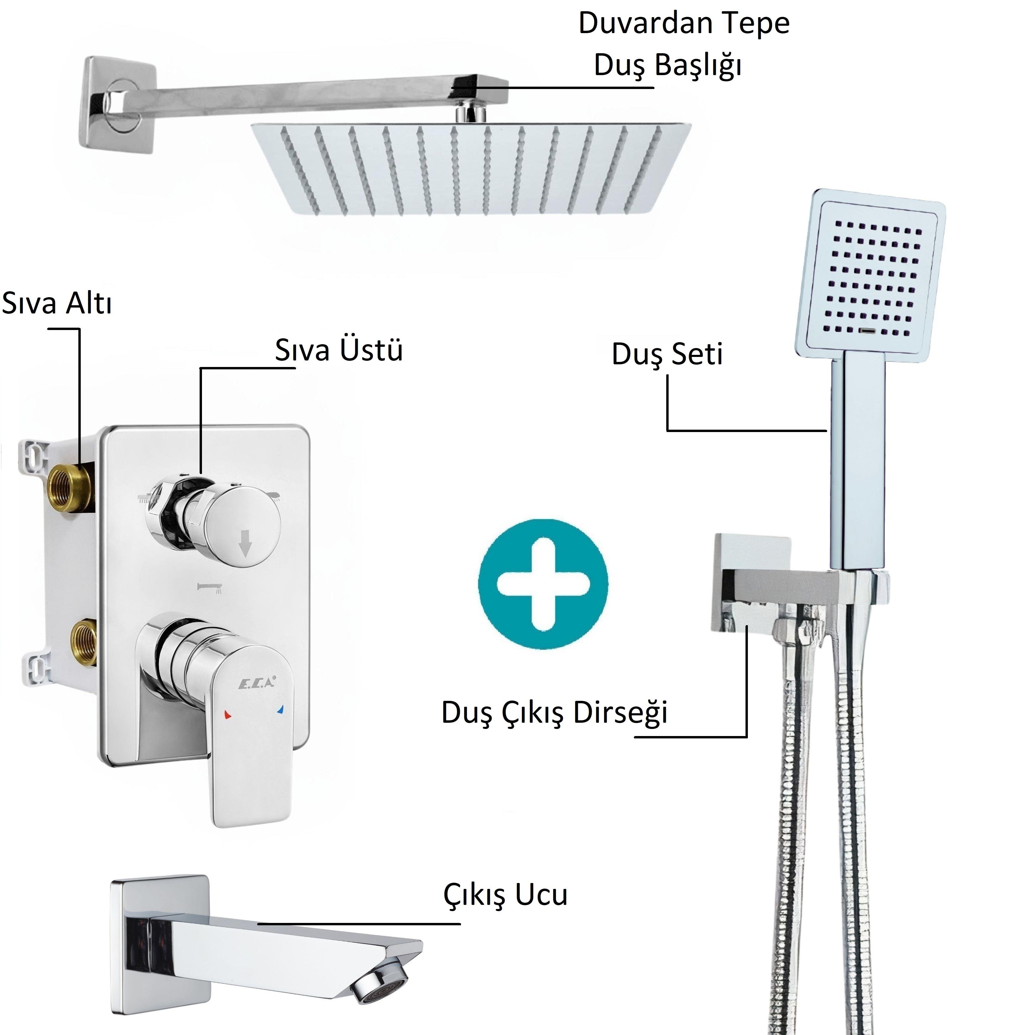 T-MAY Sart-Ç Ankastre Gömme Banyo Bataryası Duş Seti (Sıva Altı Eca) Tüm Parçalar Dahil 25x25 Başlık