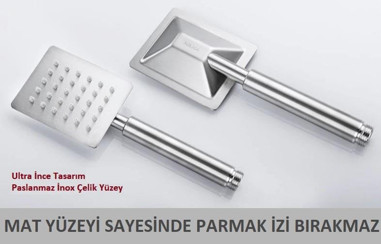 T-MAY Sart Dikdörtgen El Duş Seti Başlığı Tasarruflu Paslanmaz Mat İnox