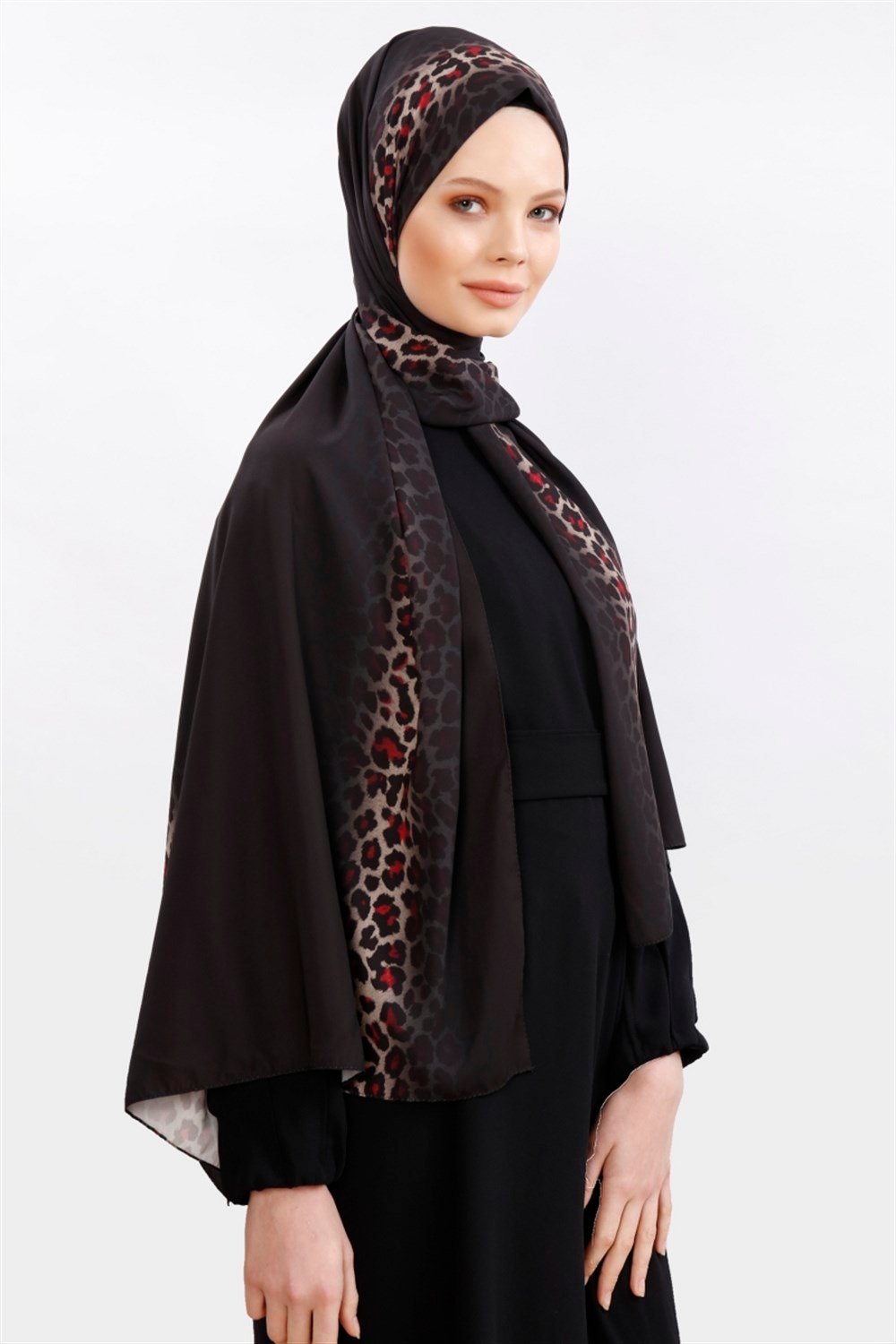 Degrade Leopar Şal - Siyah Kırmızı