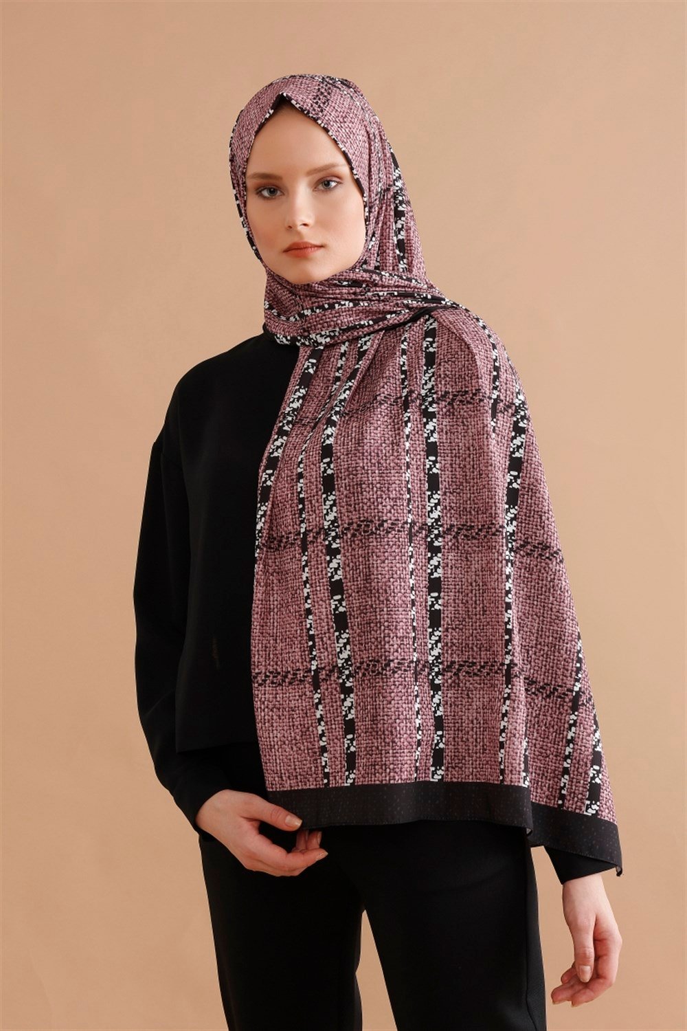 Dokulu Şerit Şal - Pudra