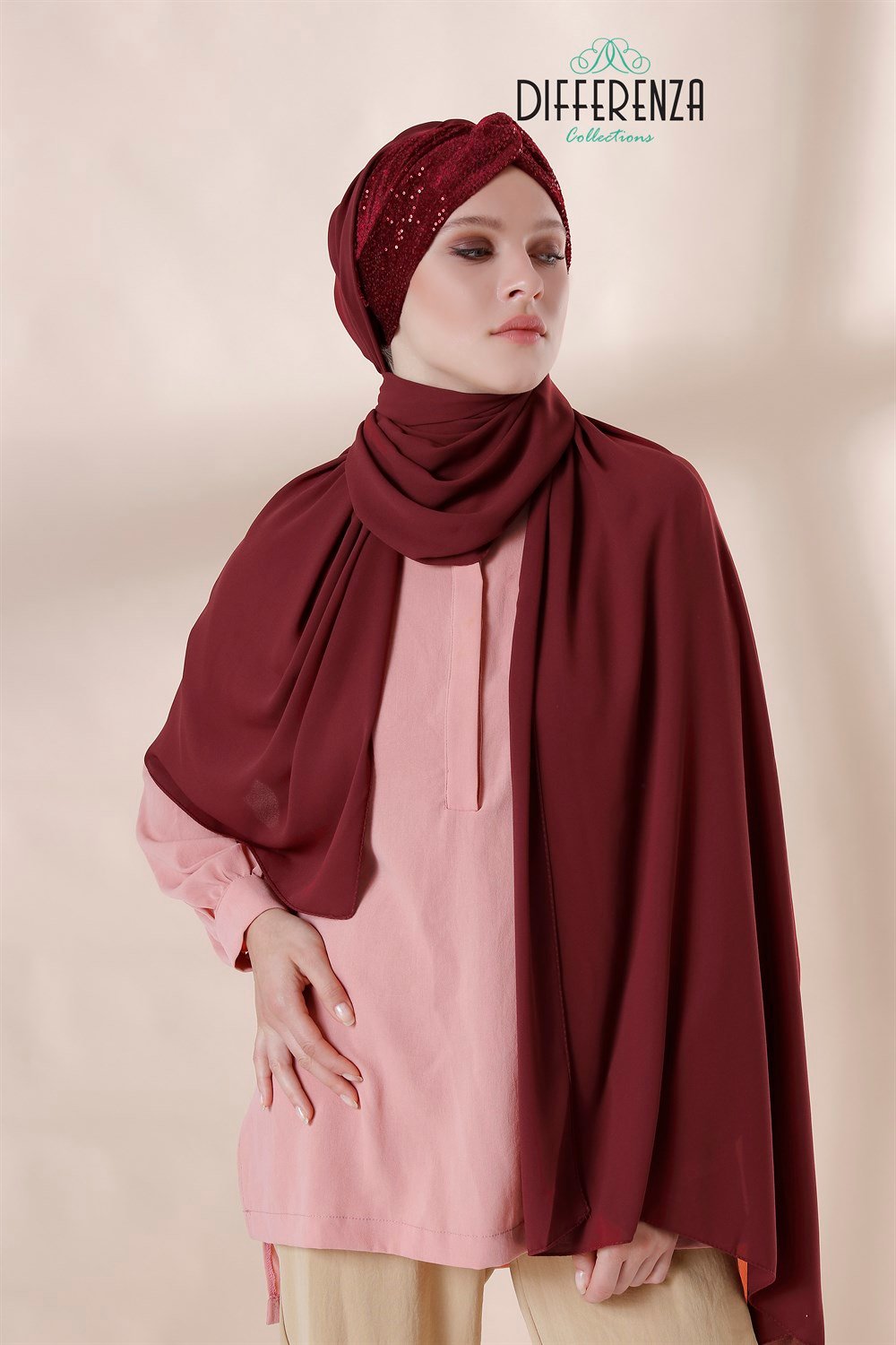 Düğüm Mini Payet Şal-Bordo