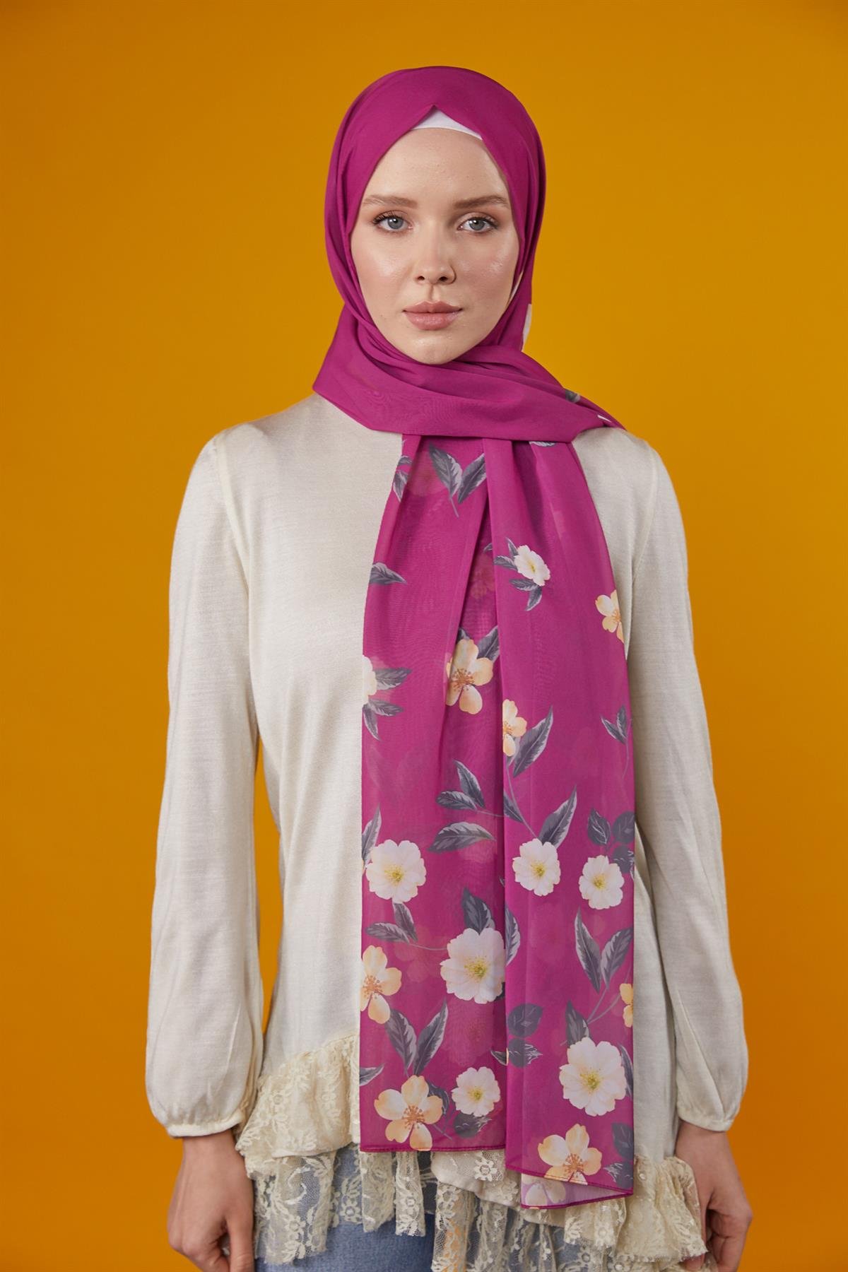 Flowers Desenli Şal Fuşya