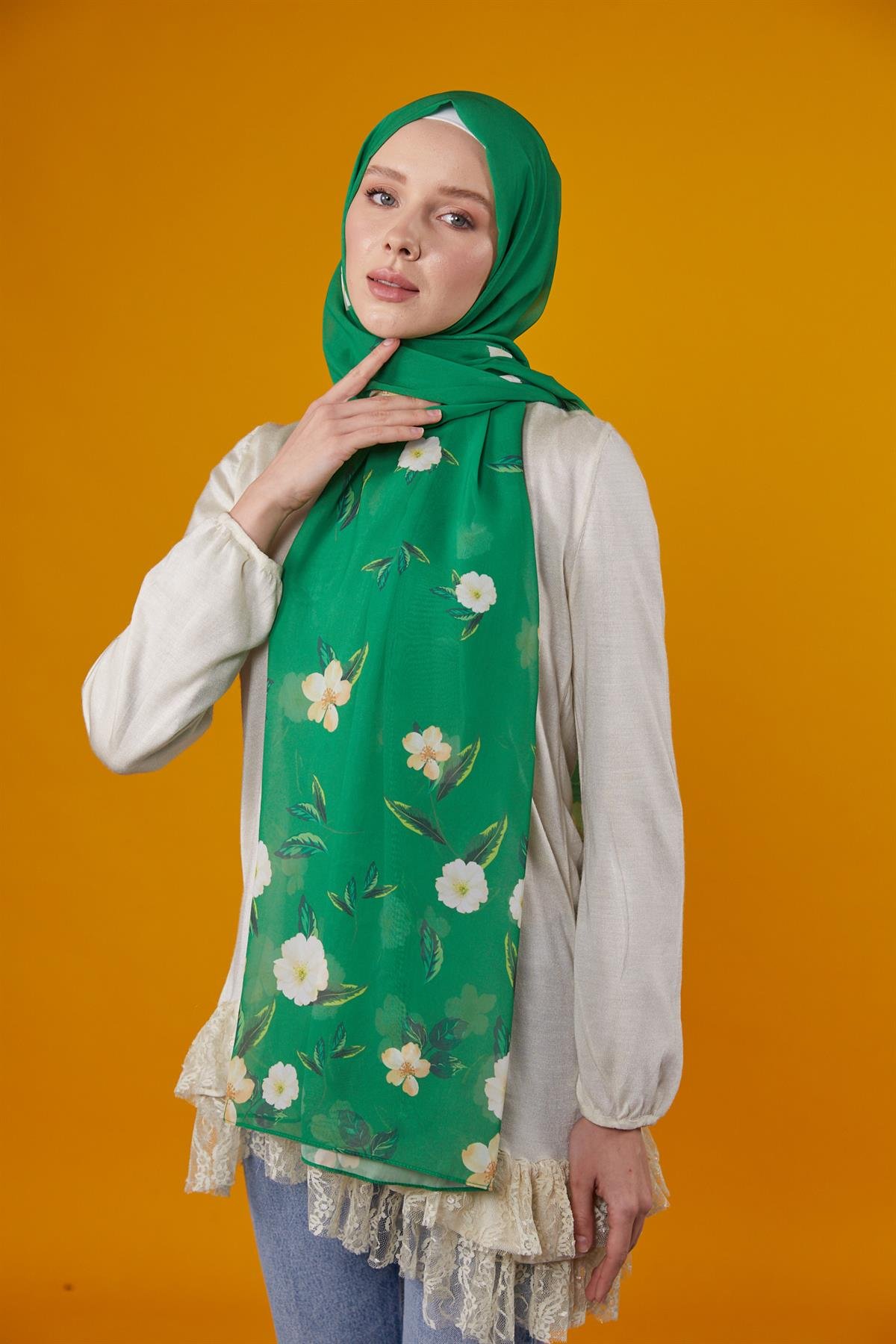 Flowers Desenli Şal Yeşil