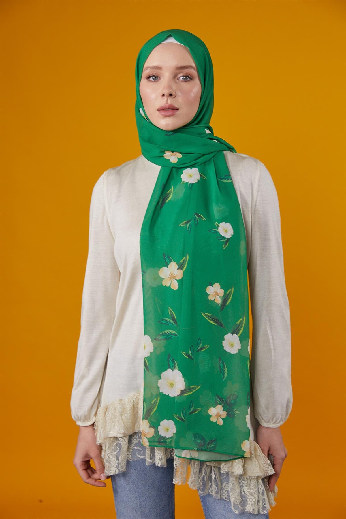 Flowers Desenli Şal Yeşil