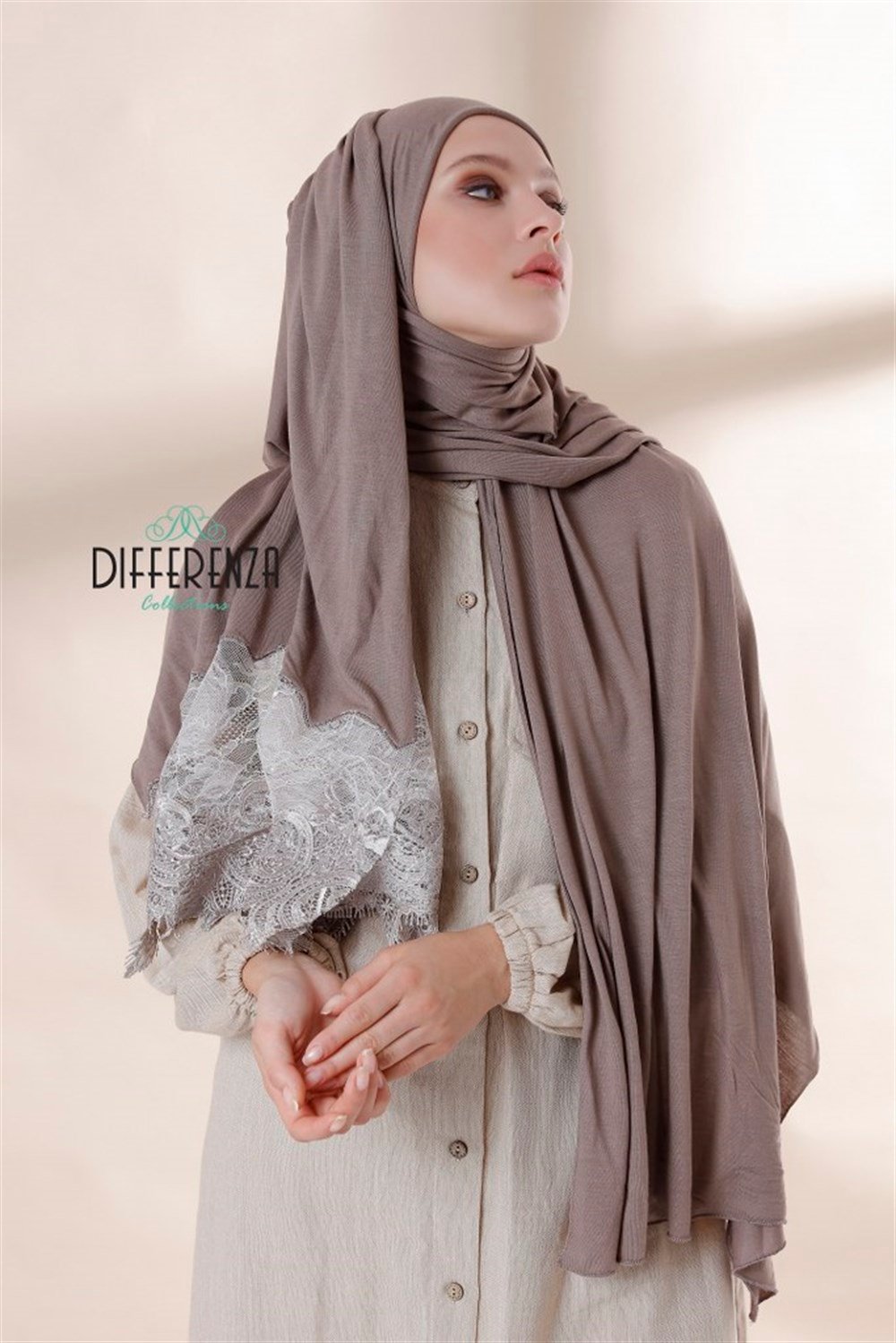 Haute Couture Dantel Şal-Koyu Vizon