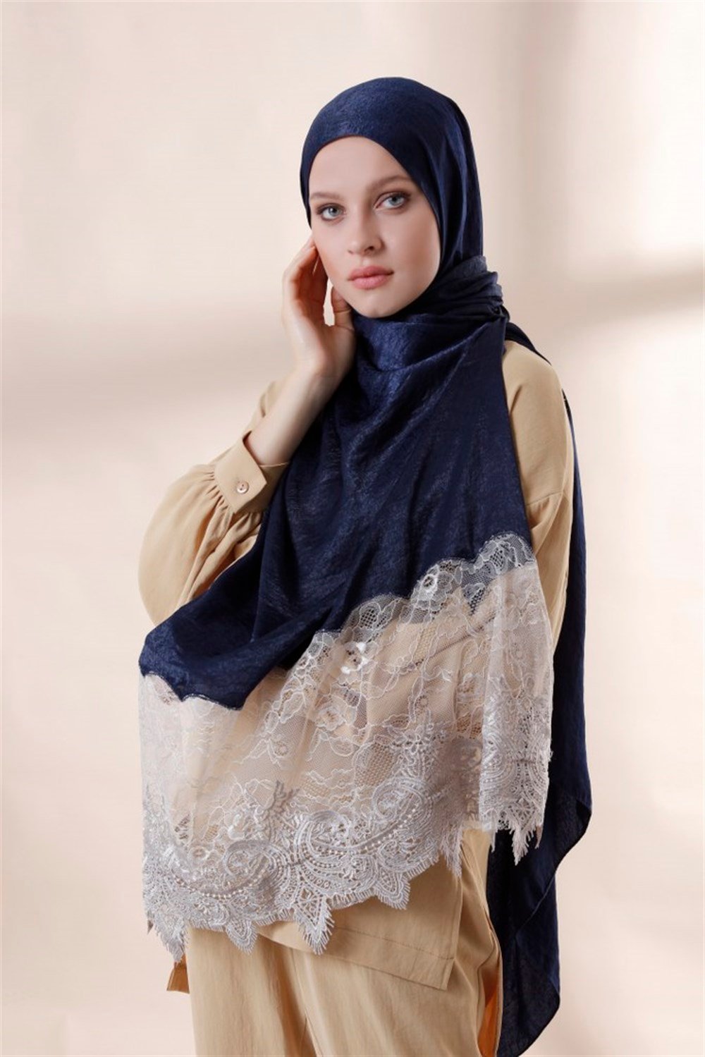 Haute Couture Dantel Şal-Lacivert