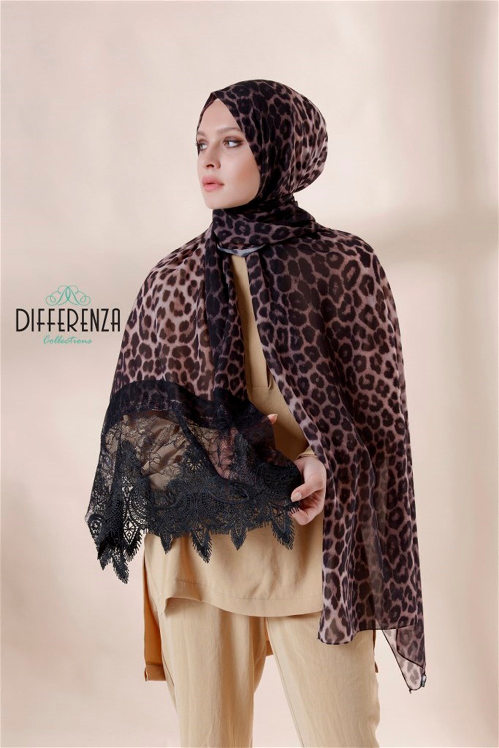 Haute Couture Dantel Şal-Leopar Siyah