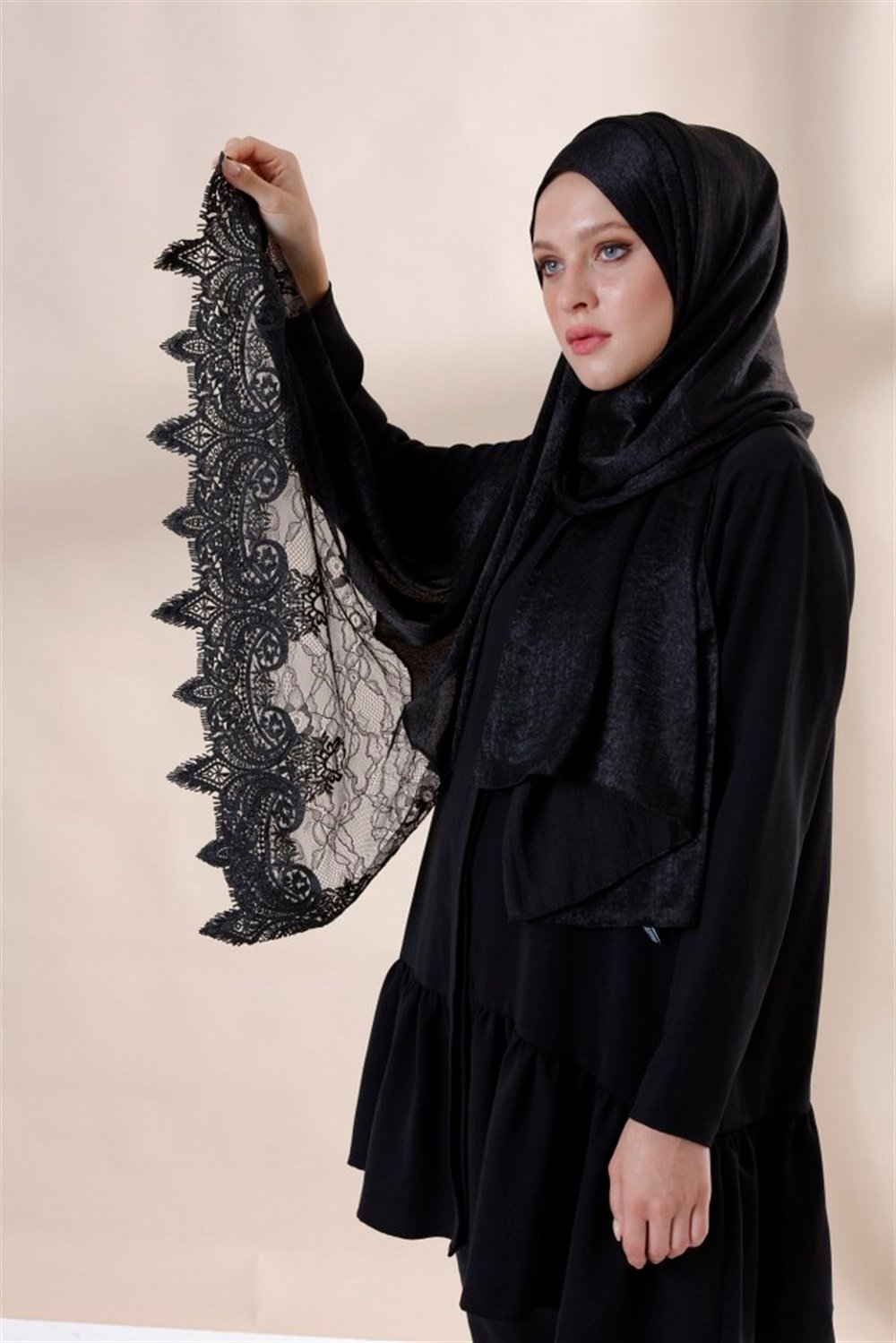 Haute Couture Dantel Şal-Siyah