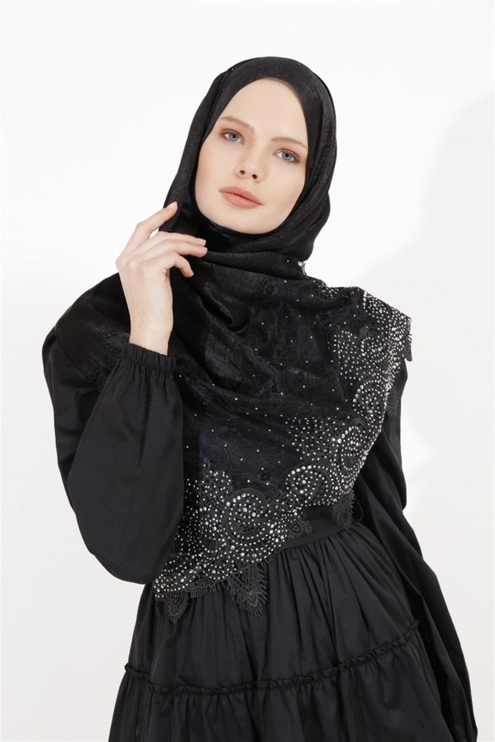 Haute Couture Dantel Şal-Siyah