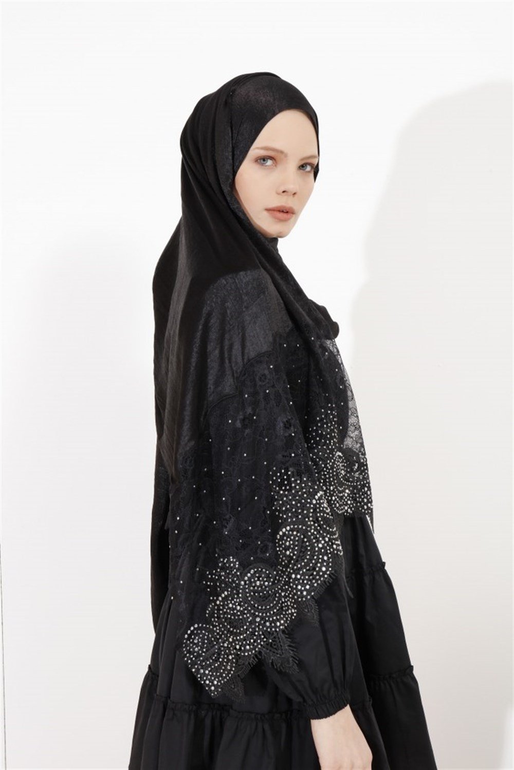 Haute Couture Dantel Şal-Siyah