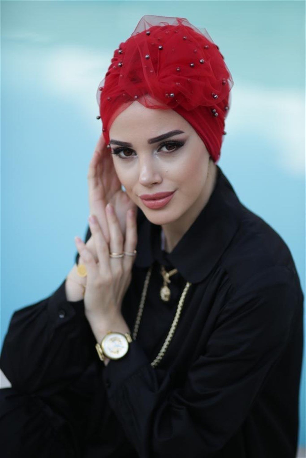İncili Tül Bone - Kırmızı Nikel