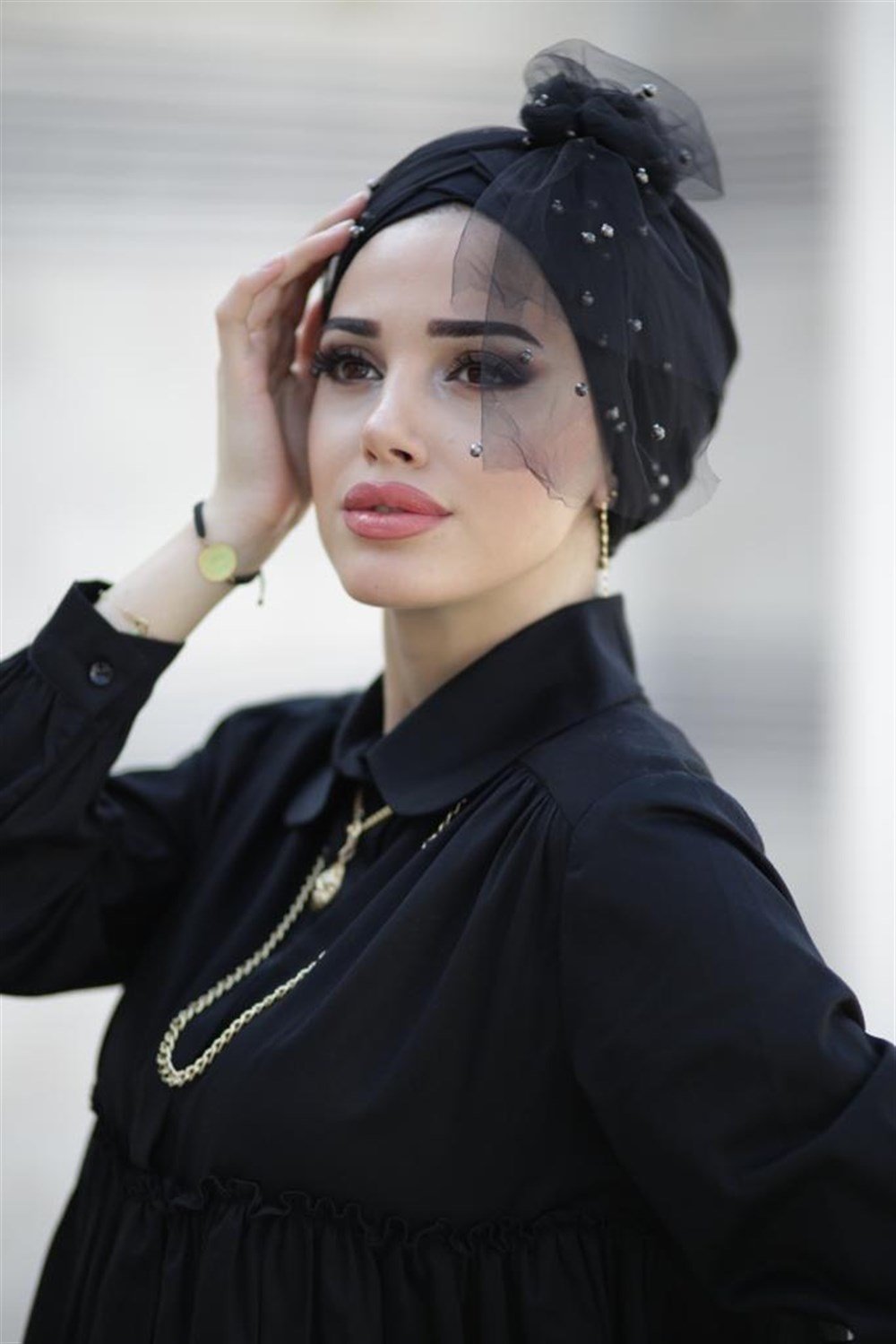İncili Tül Bone - Siyah Nikel