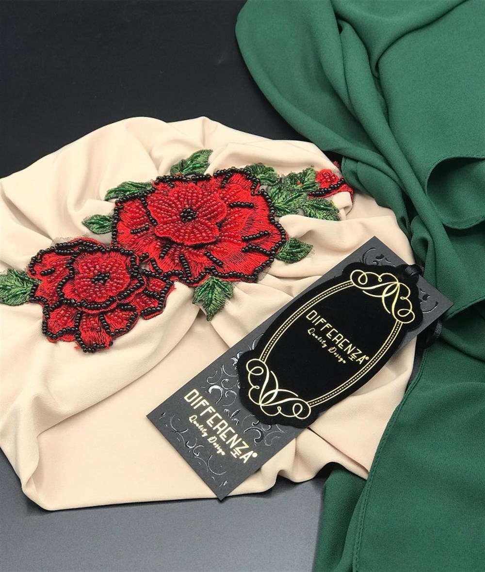 İşlemeli Red Rose -Bej