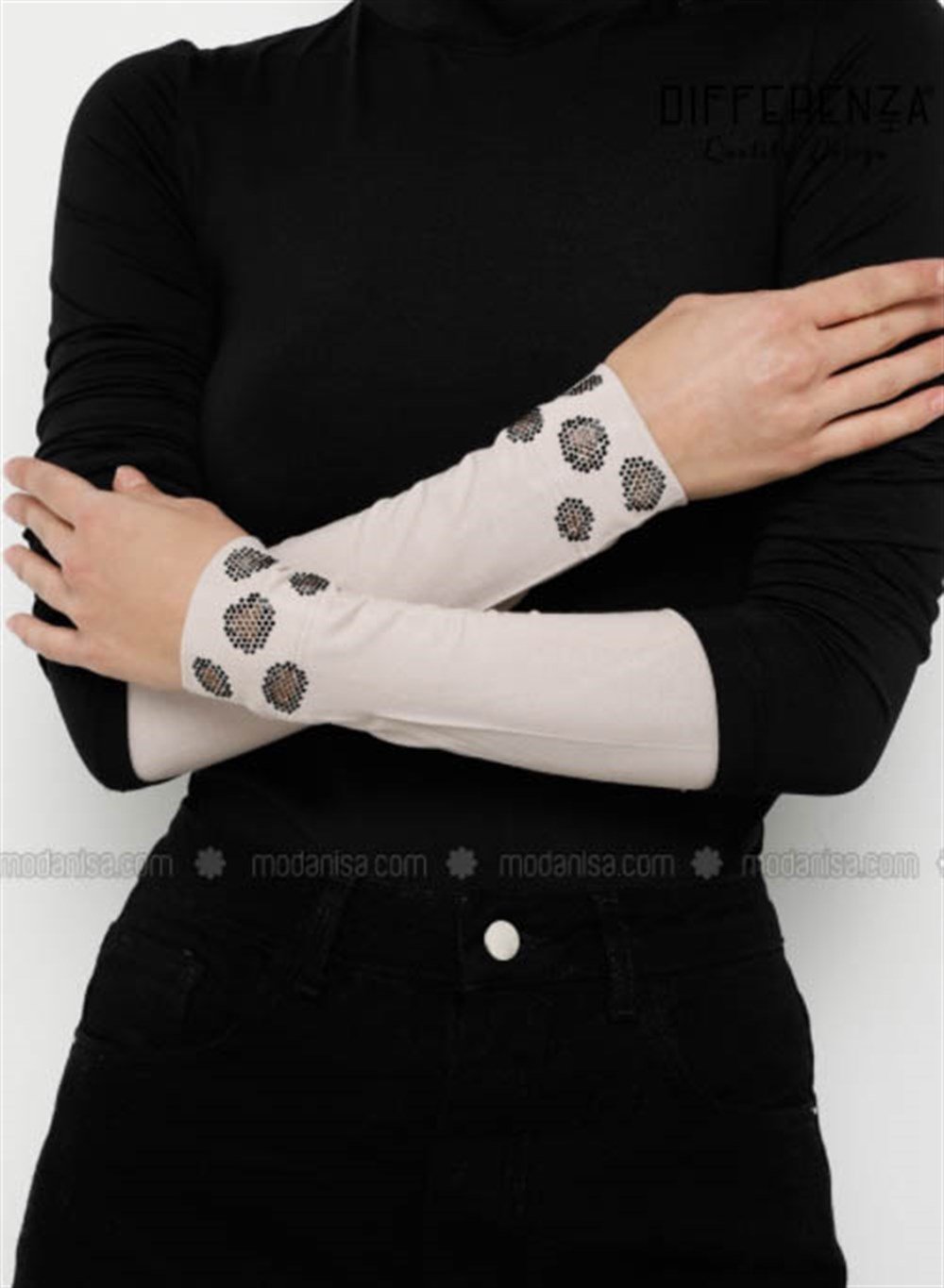 Leopar Taşlı Penye Kolluk-Açık Vizon