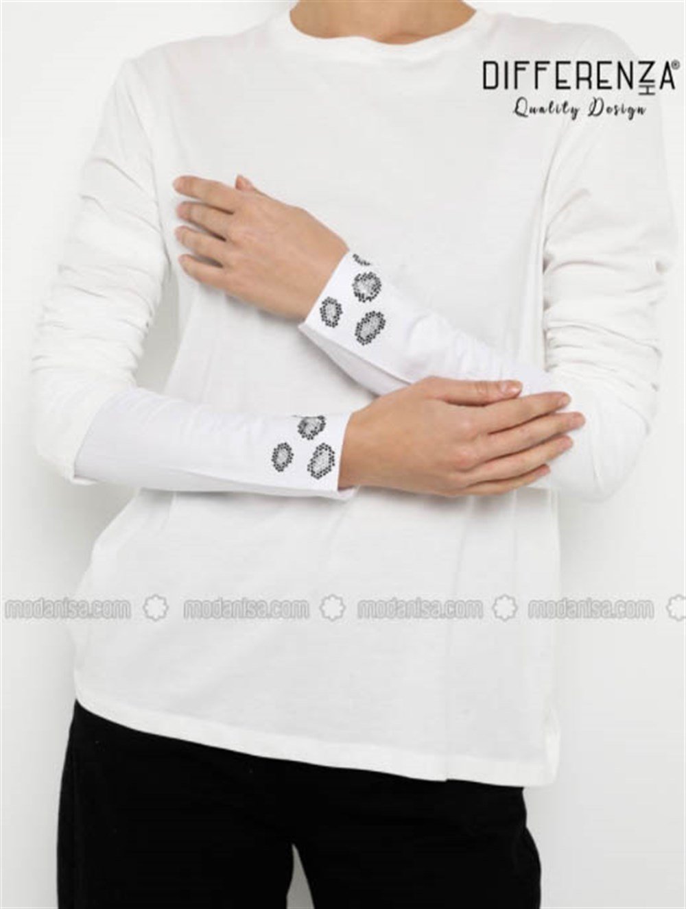 Leopar Taşlı Penye Kolluk-Beyaz