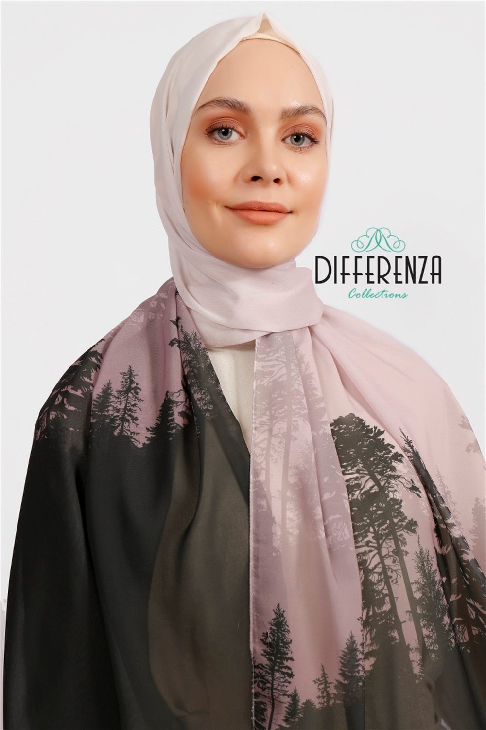 Natura Desenli Şal - Pudra & Haki