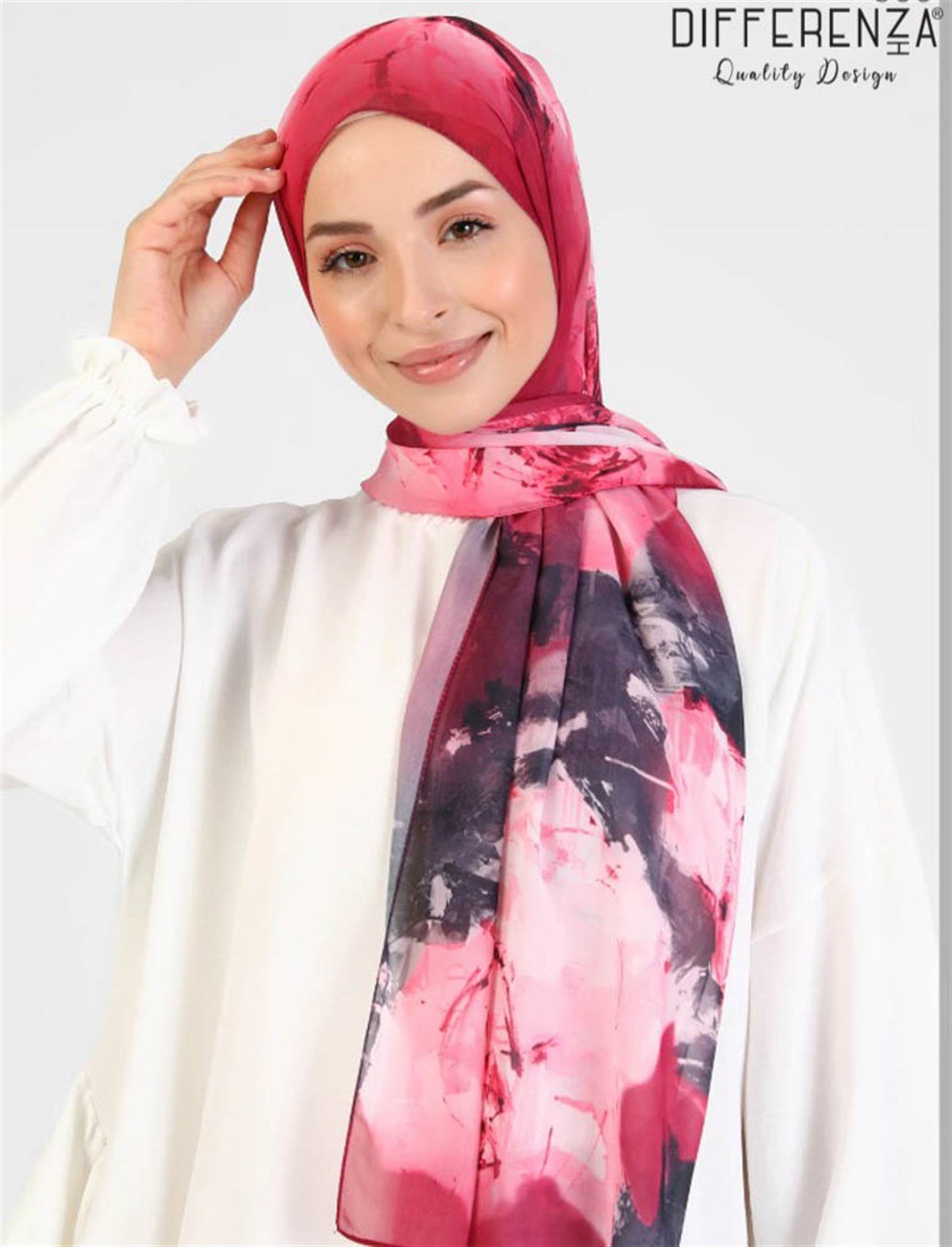 Rose Boyama Desenli Şal-Fuşya