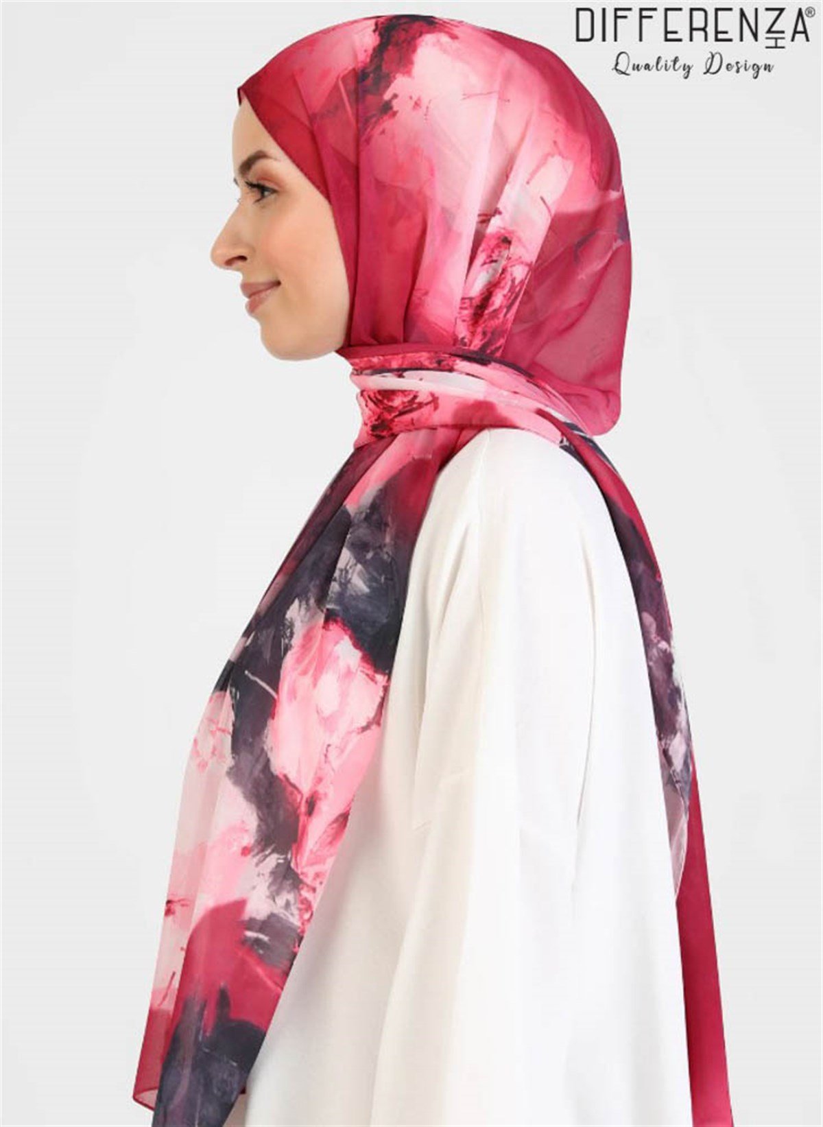 Rose Boyama Desenli Şal-Fuşya
