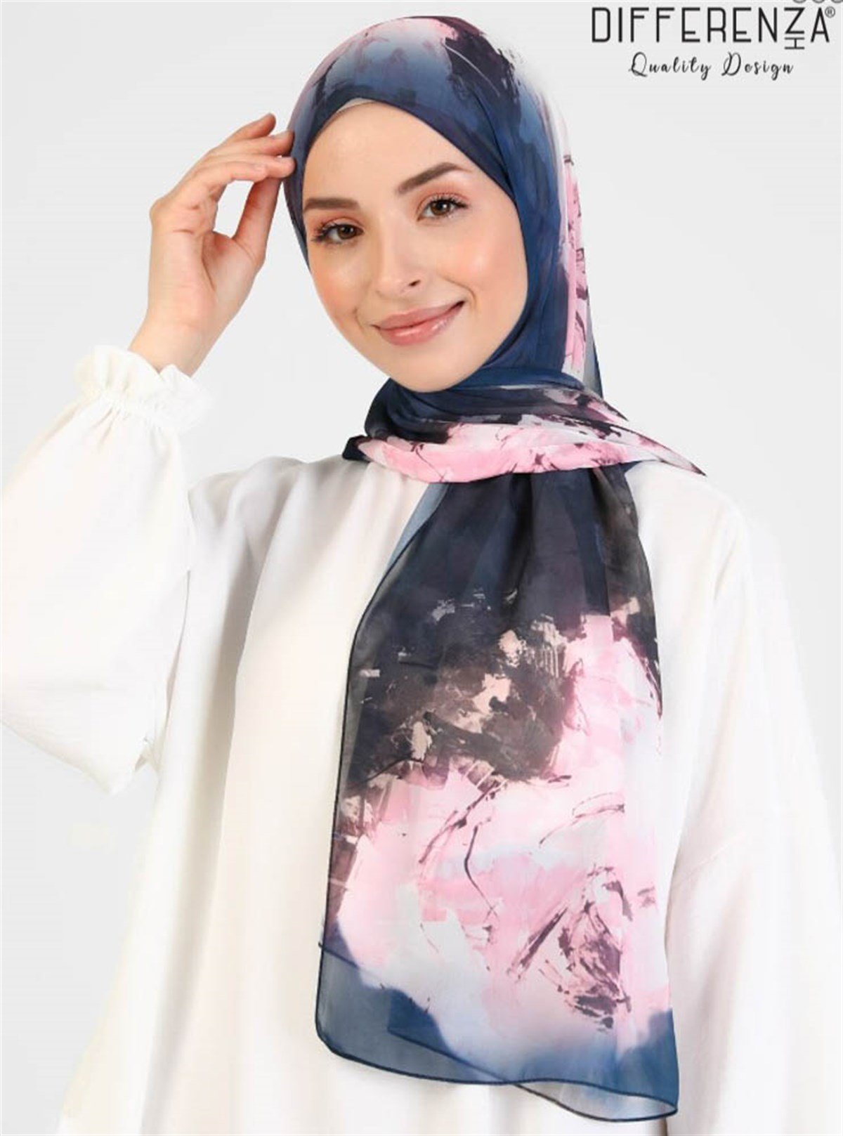 Rose Boyama Desenli Şal-Lacivert