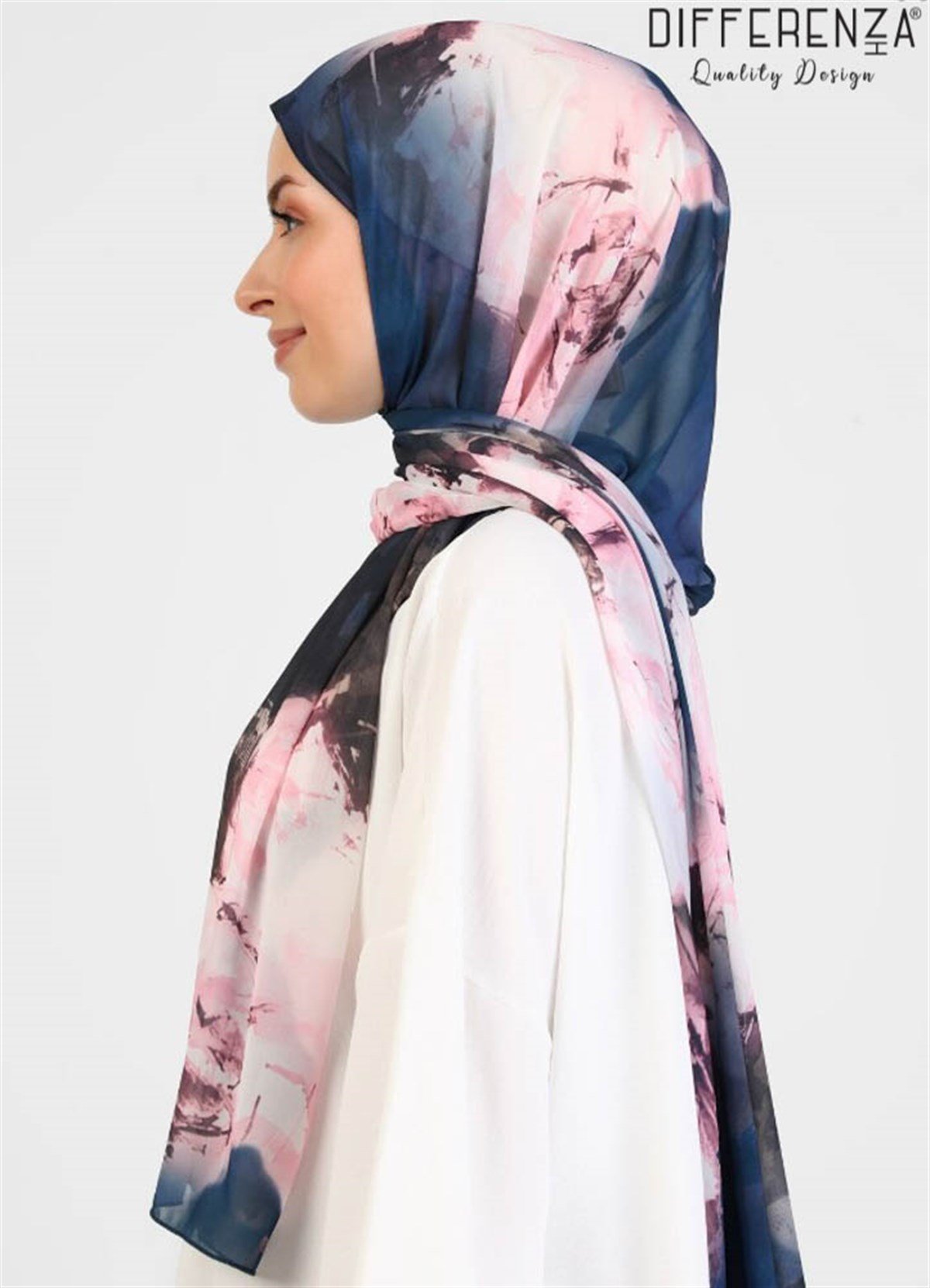 Rose Boyama Desenli Şal-Lacivert