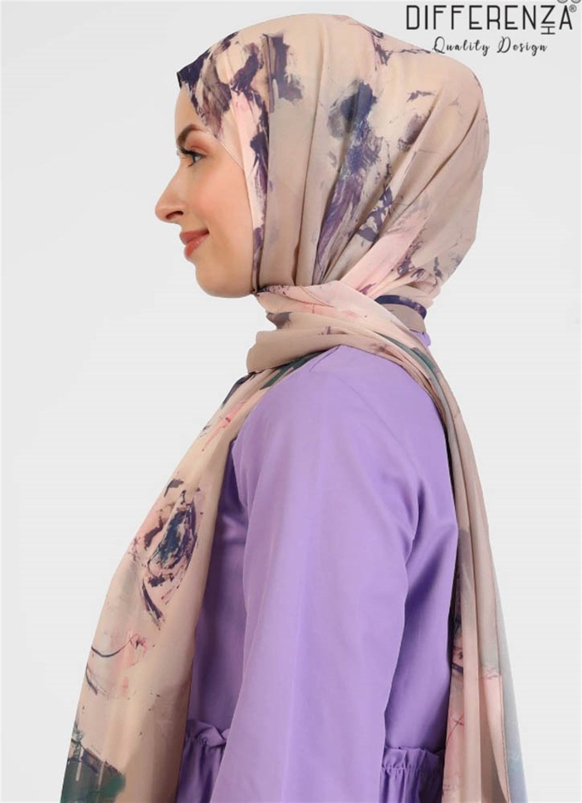 Rose Boyama Desenli Şal-Lila