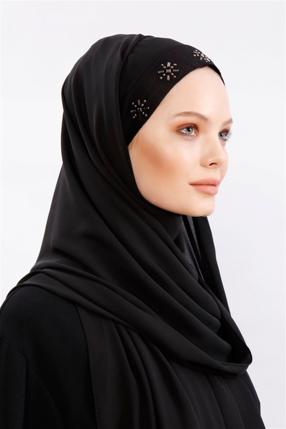 Sunny Taşlı Krep Şal-Siyah Çapraz