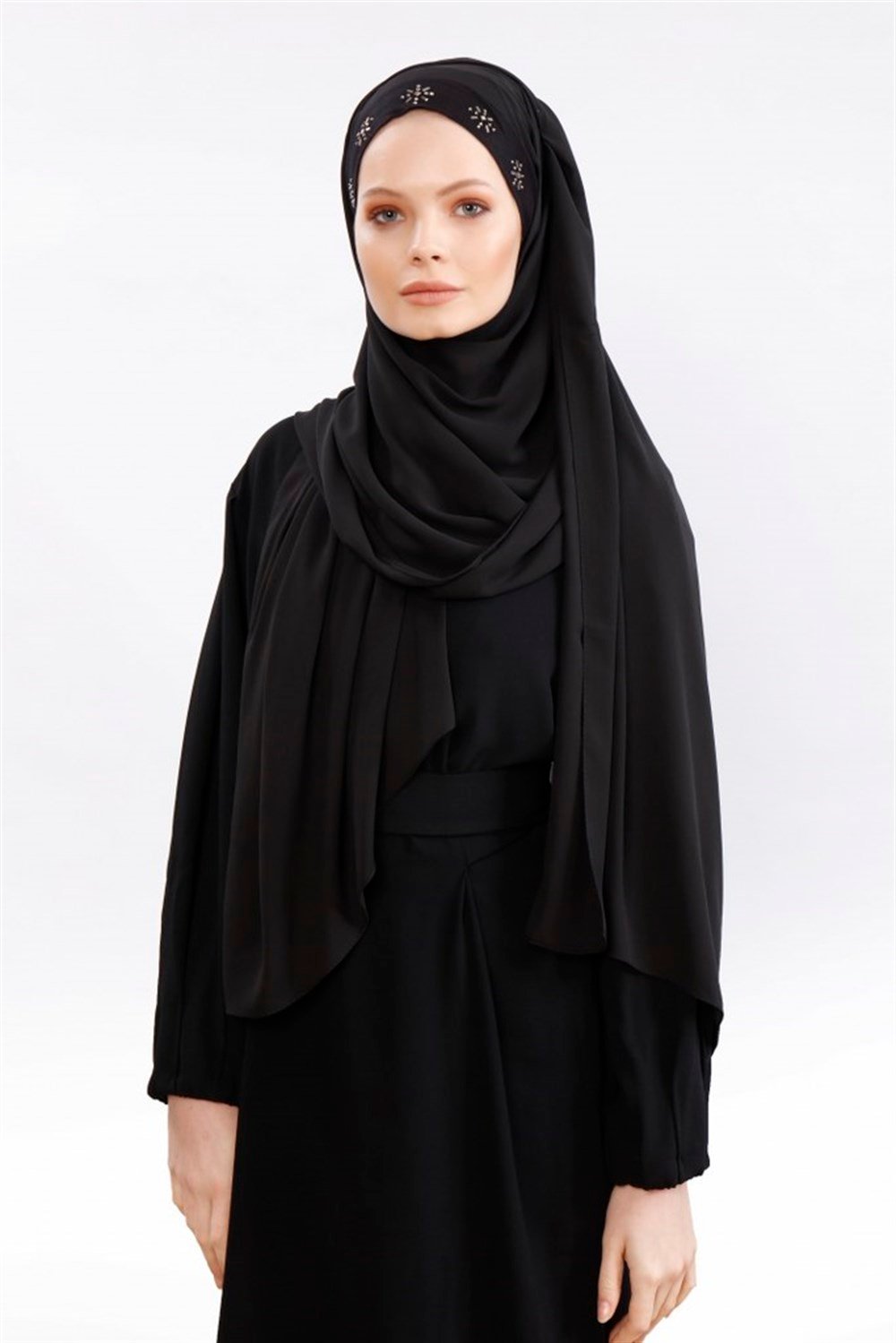 Sunny Taşlı Krep Şal-Siyah Çapraz