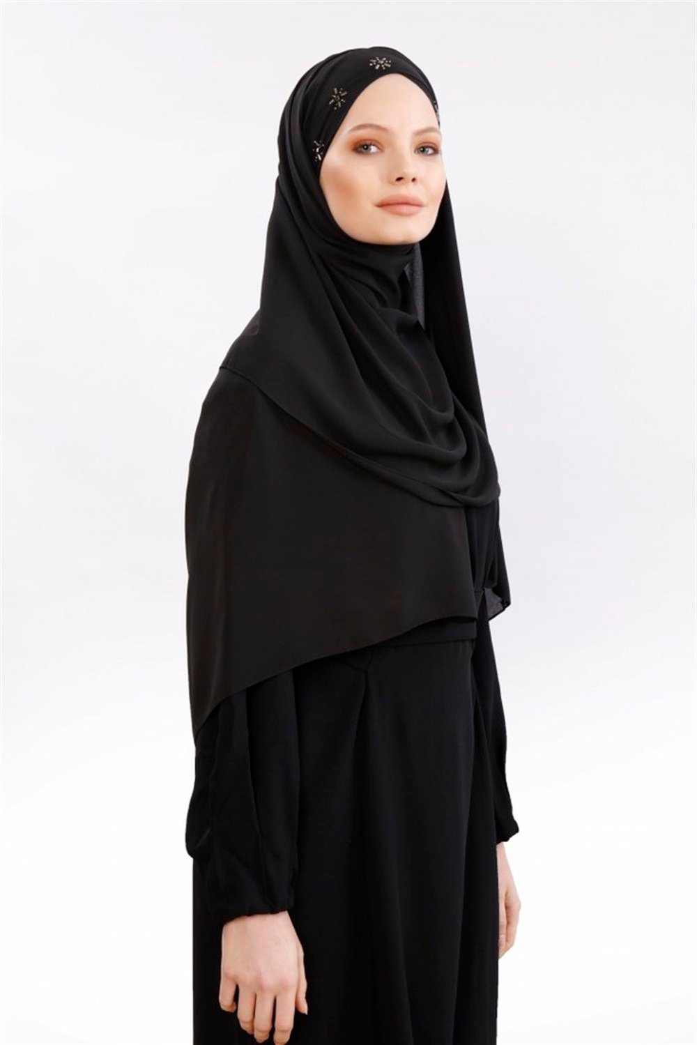 Sunny Taşlı Krep Şal-Siyah Düz