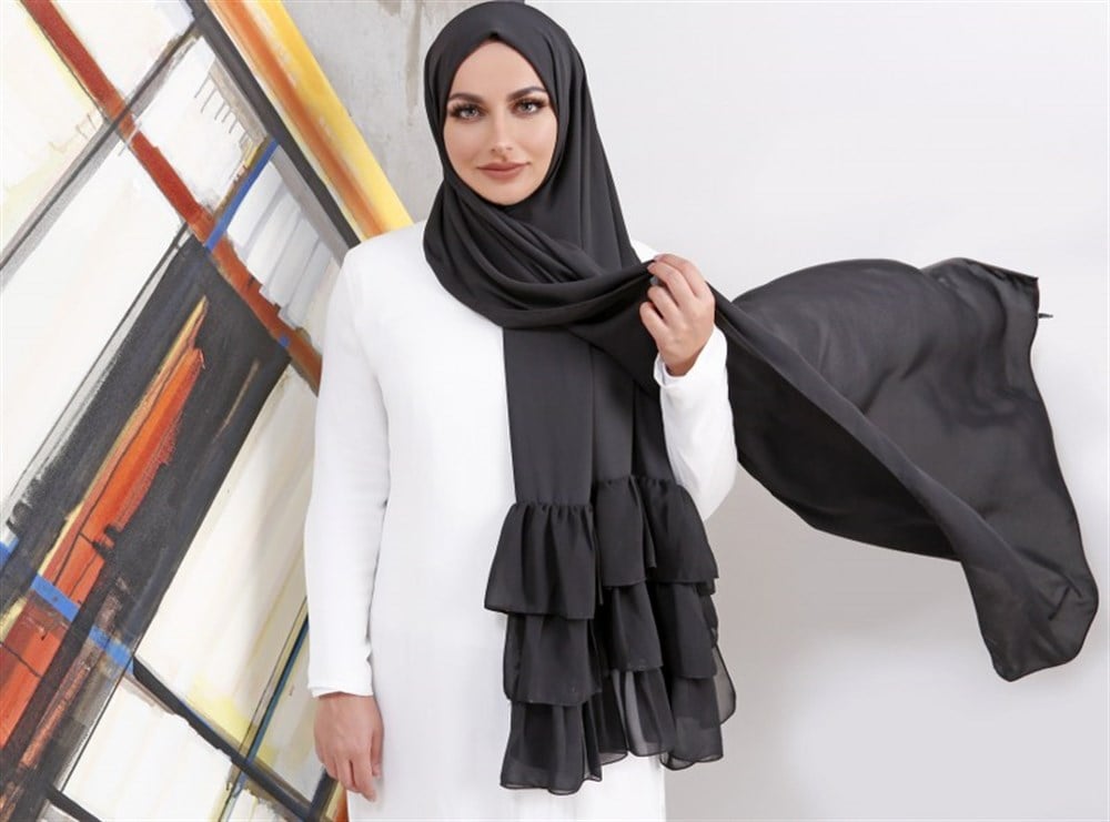 Üç Pile Krep Şal-Siyah