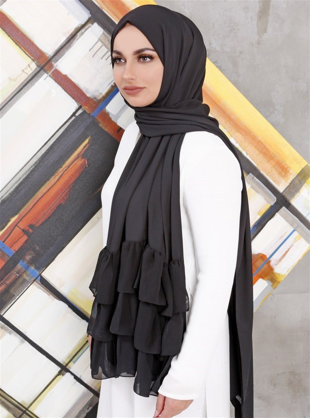 Üç Pile Krep Şal-Siyah