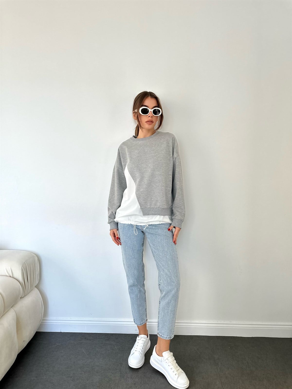   Asimetrik Gri-Beyaz Sweat