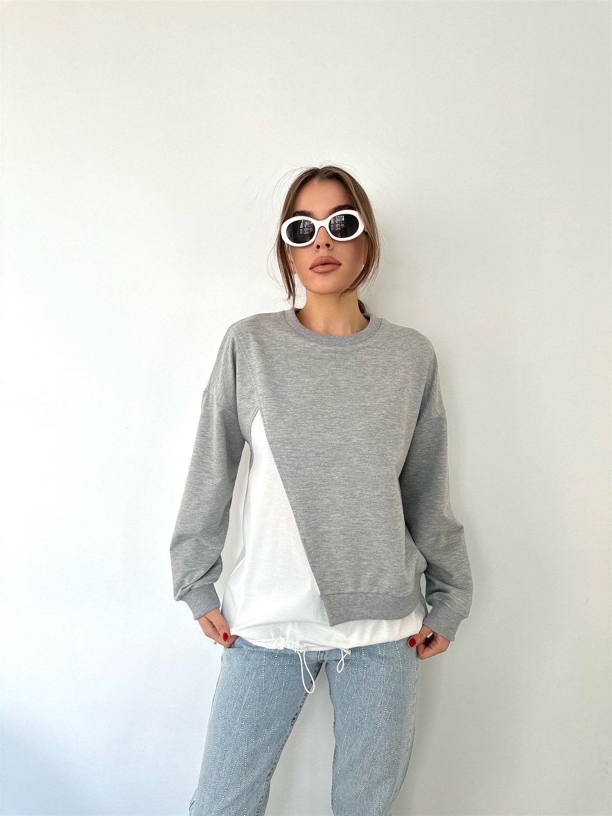   Asimetrik Gri-Beyaz Sweat