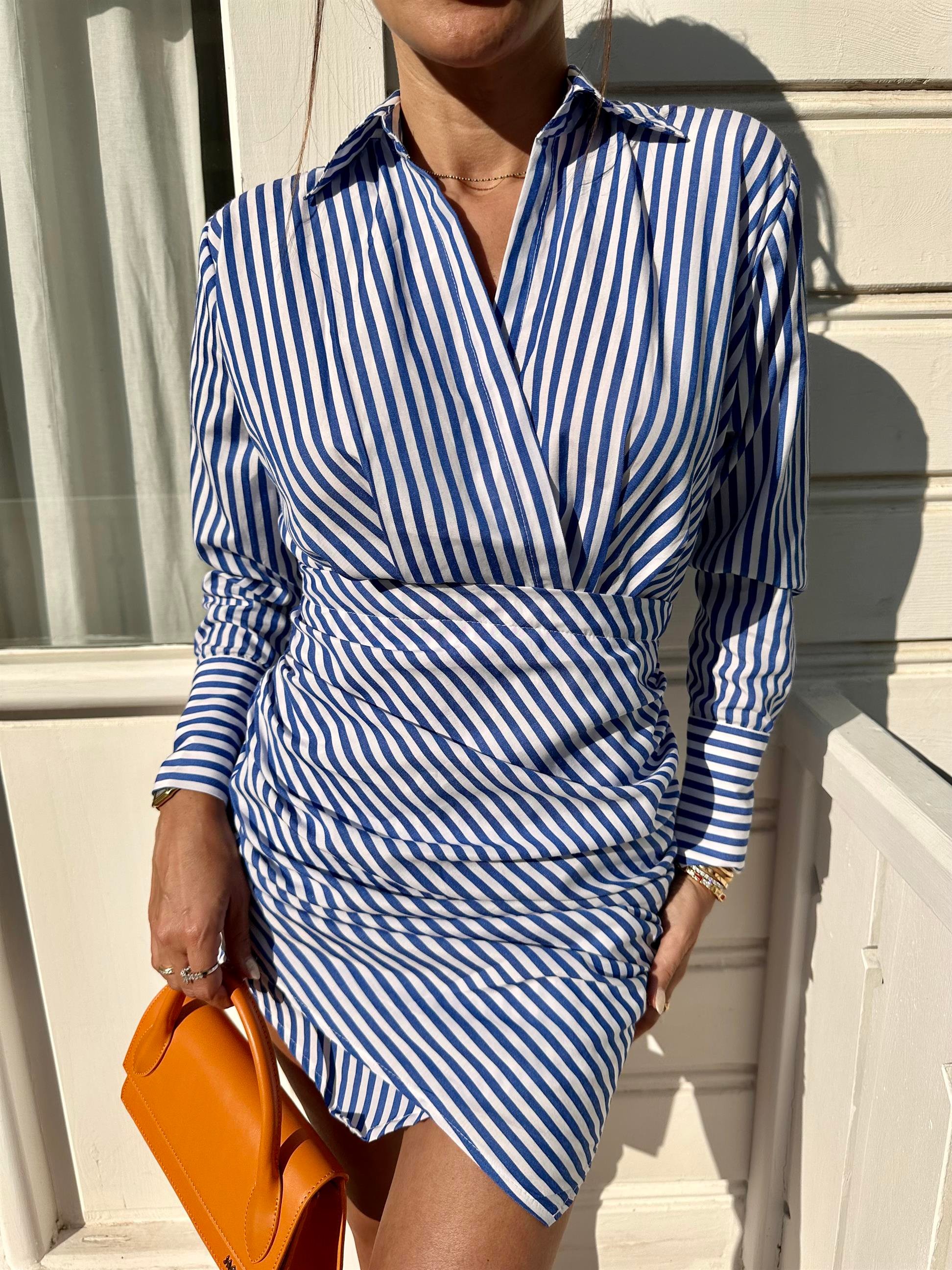   Çizgili Drapeli Kısa Elbise