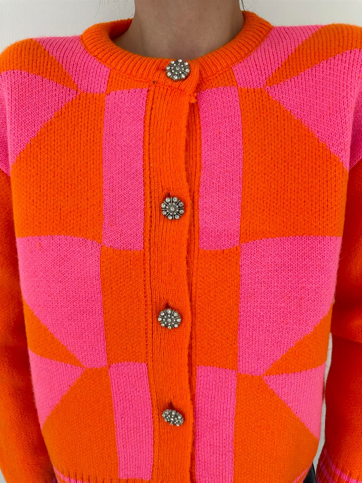   Geometrik Desenli Hırka Turuncu-Pembe