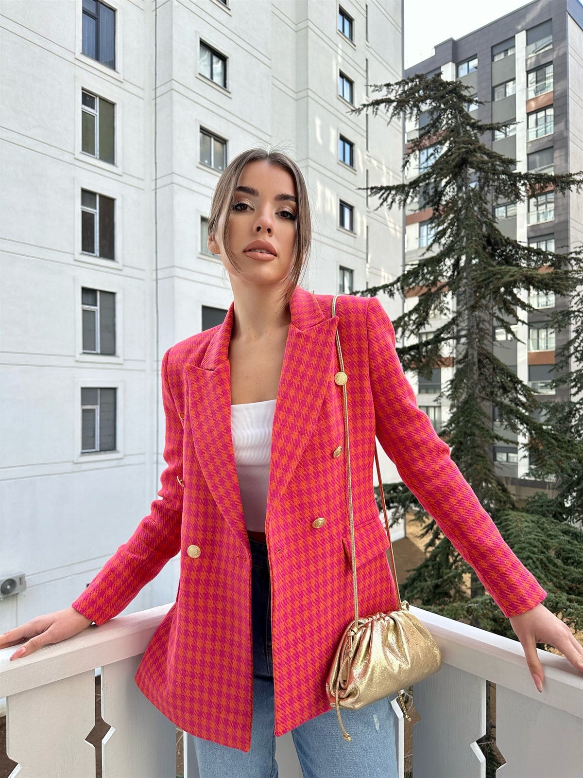   Kareli Pembe Tüvit Ceket