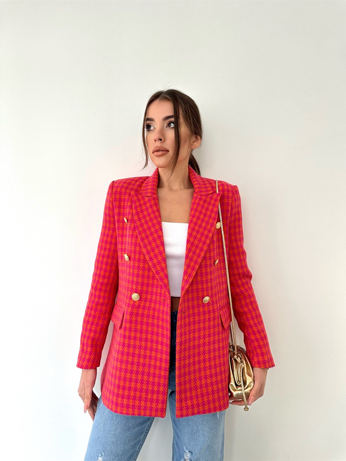   Kareli Pembe Tüvit Ceket