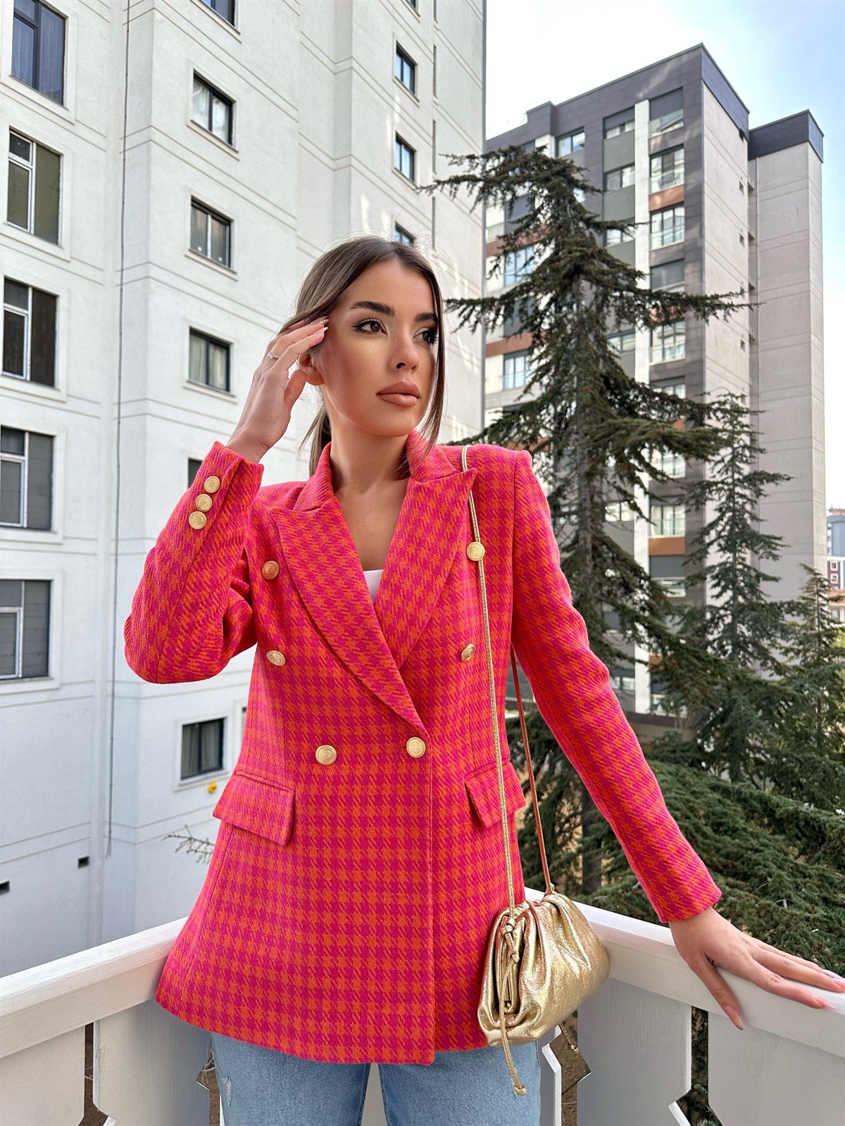   Kareli Pembe Tüvit Ceket