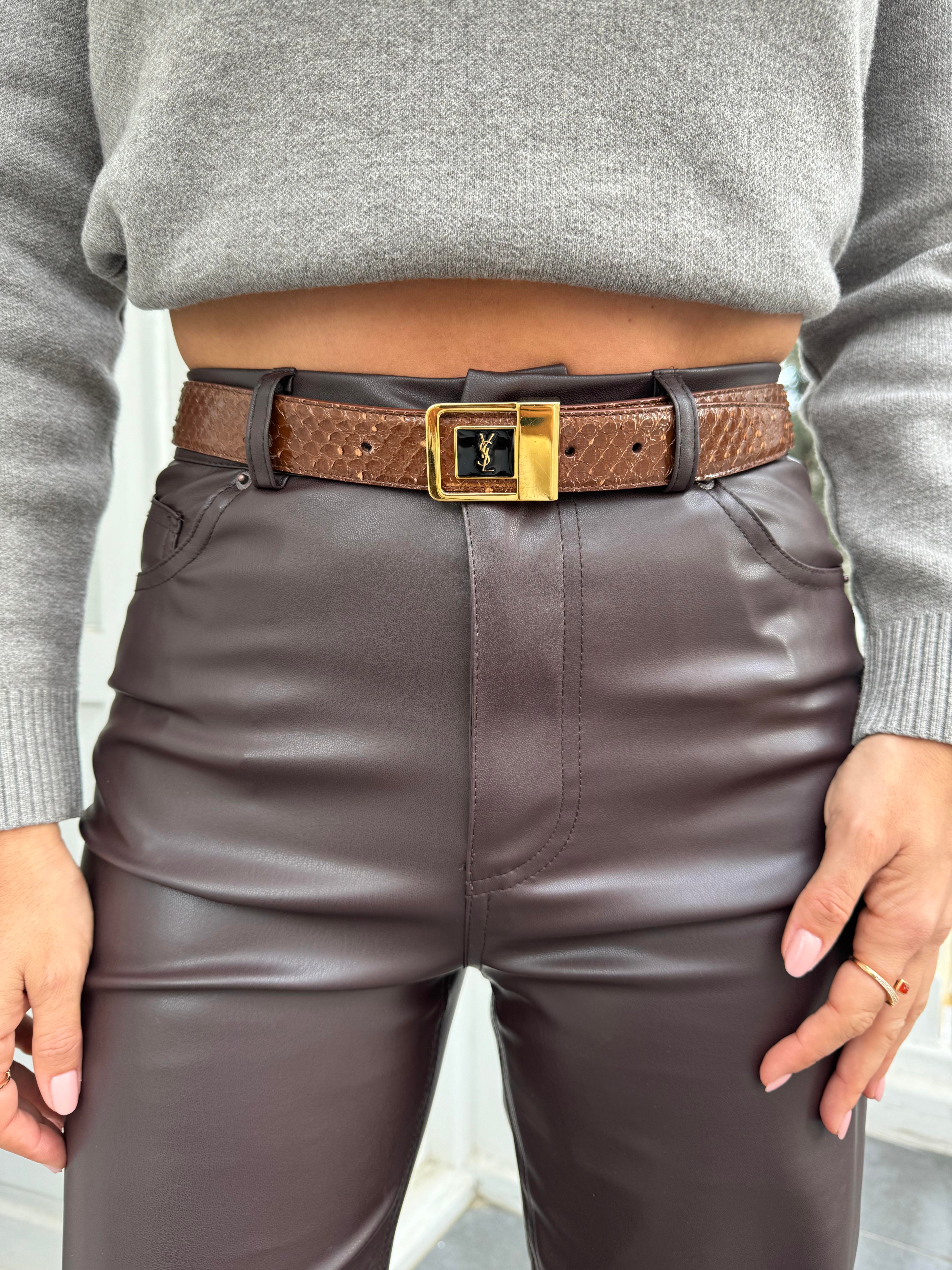 Acı Kahve Bol Paça Deri Pantolon