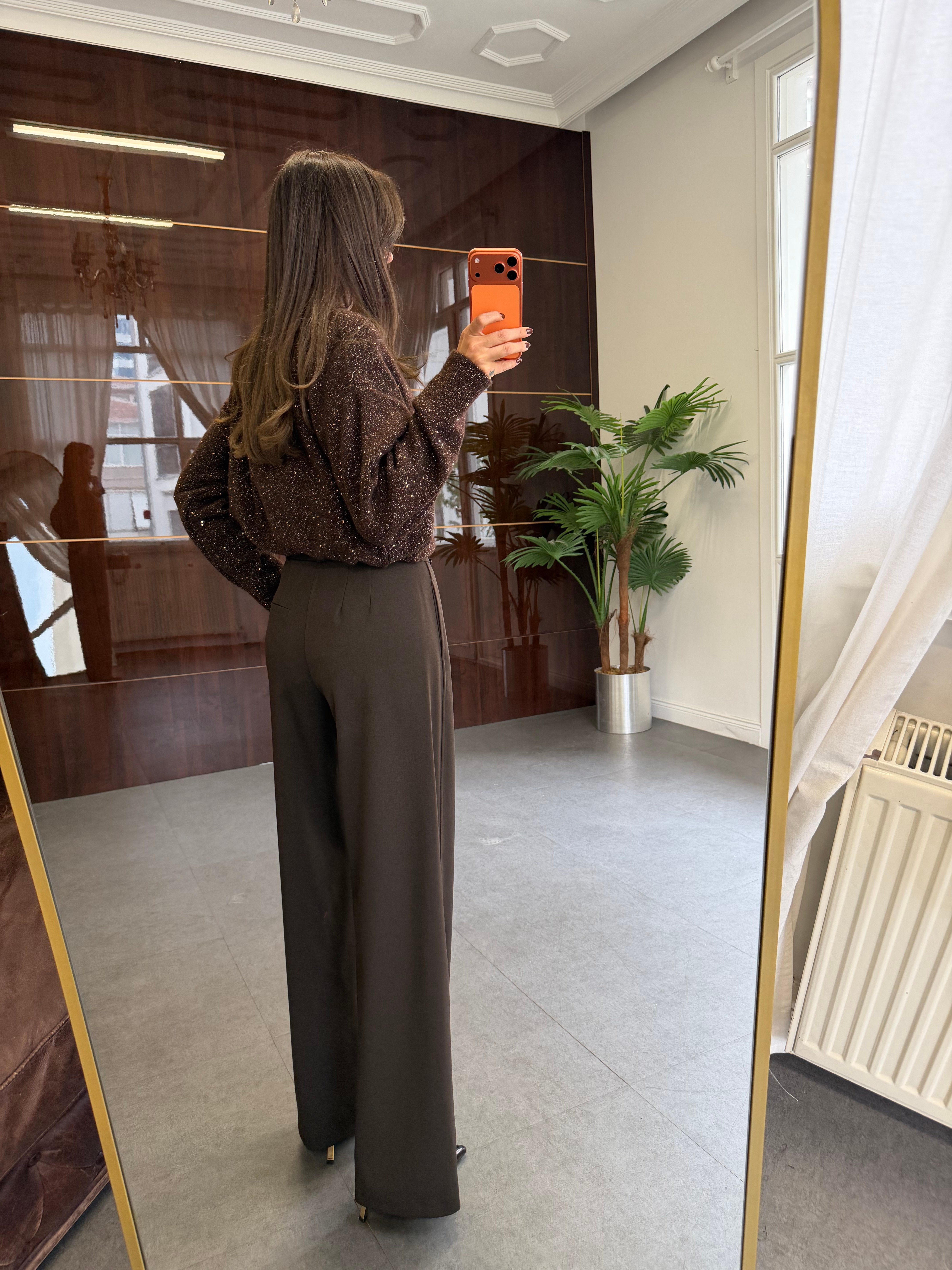 Acı Kahve Kancalı Wide Leg Kumaş Pantolon