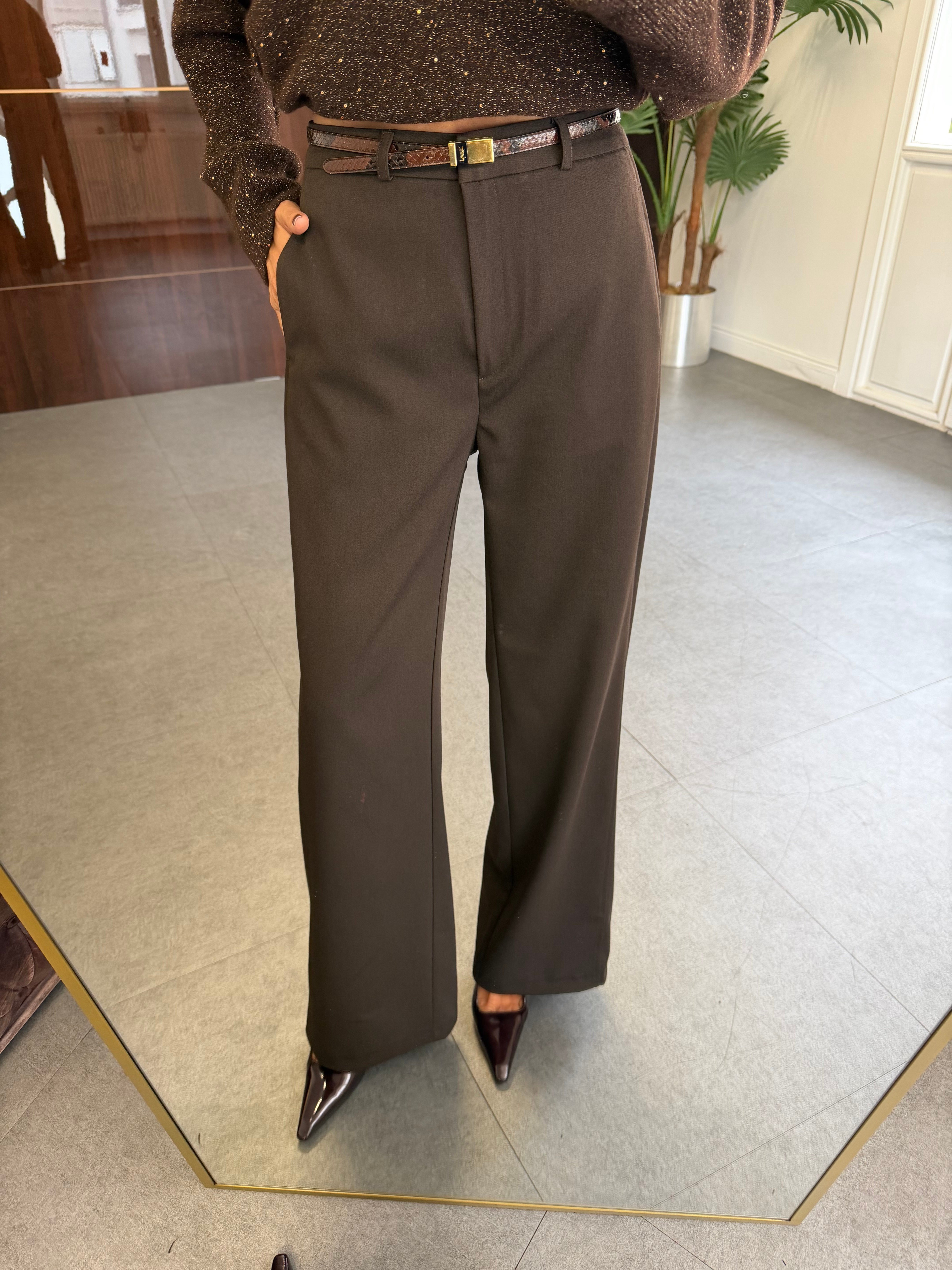 Acı Kahve Kancalı Wide Leg Kumaş Pantolon