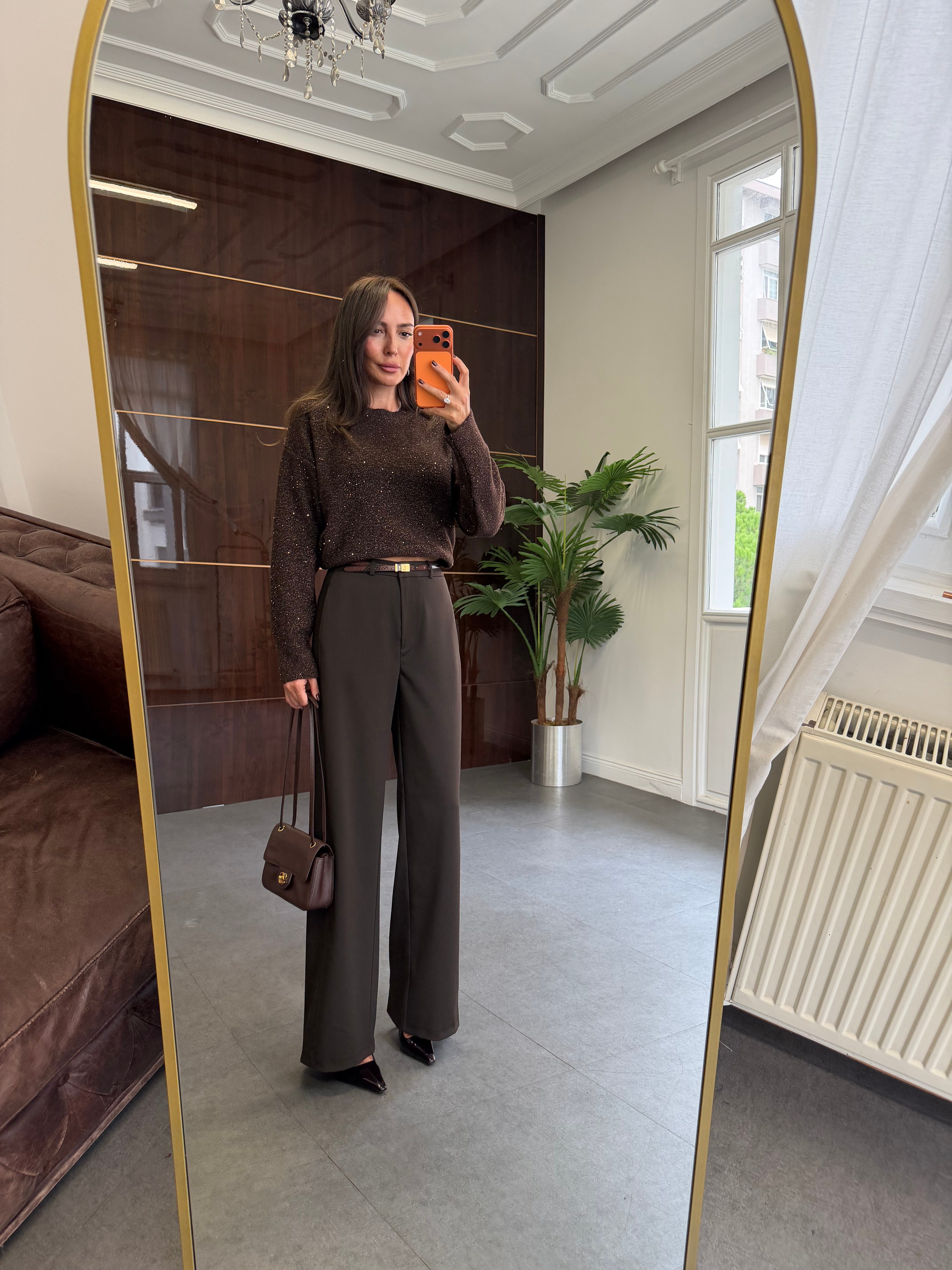 Acı Kahve Kancalı Wide Leg Kumaş Pantolon