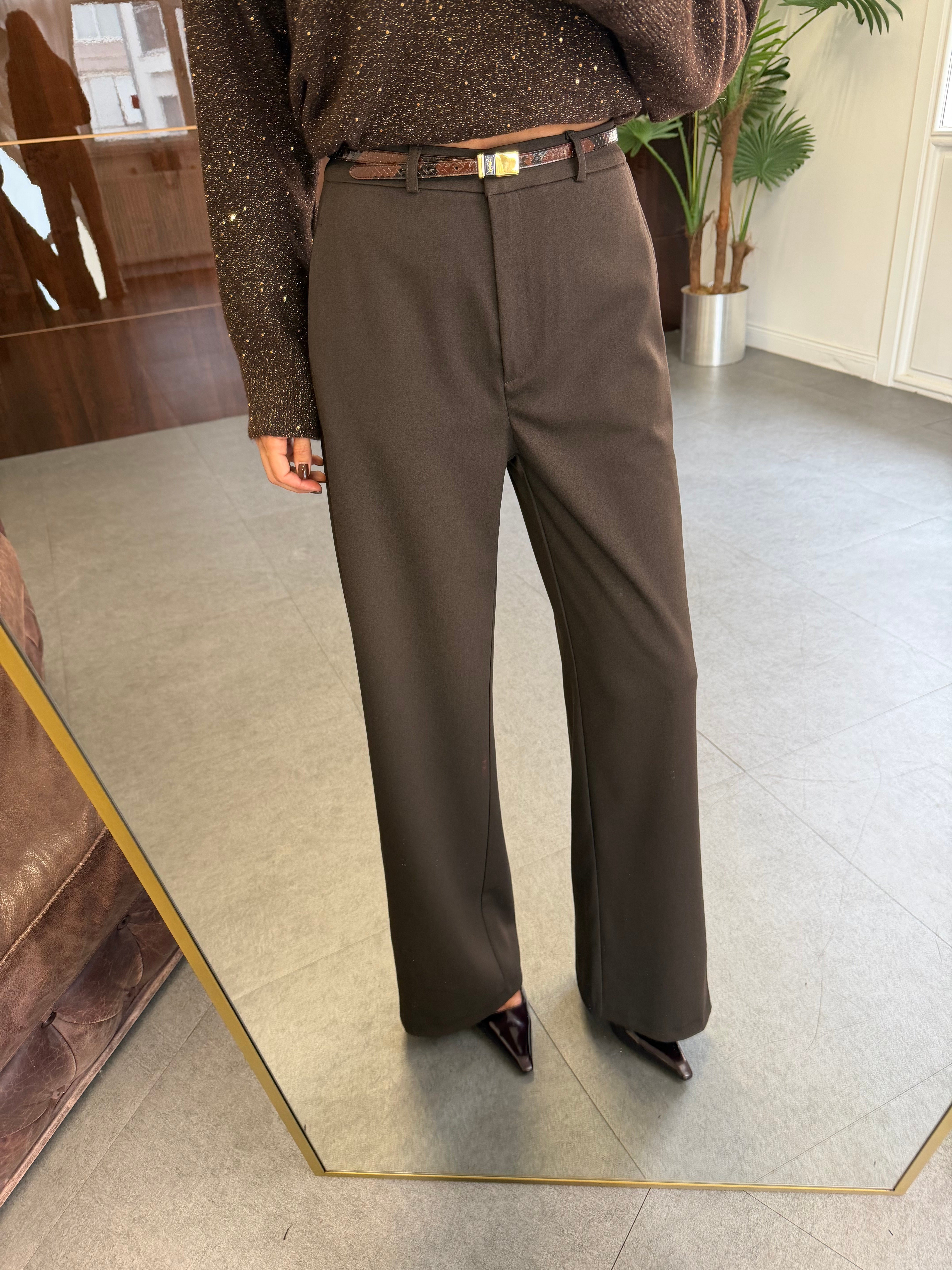 Acı Kahve Kancalı Wide Leg Kumaş Pantolon