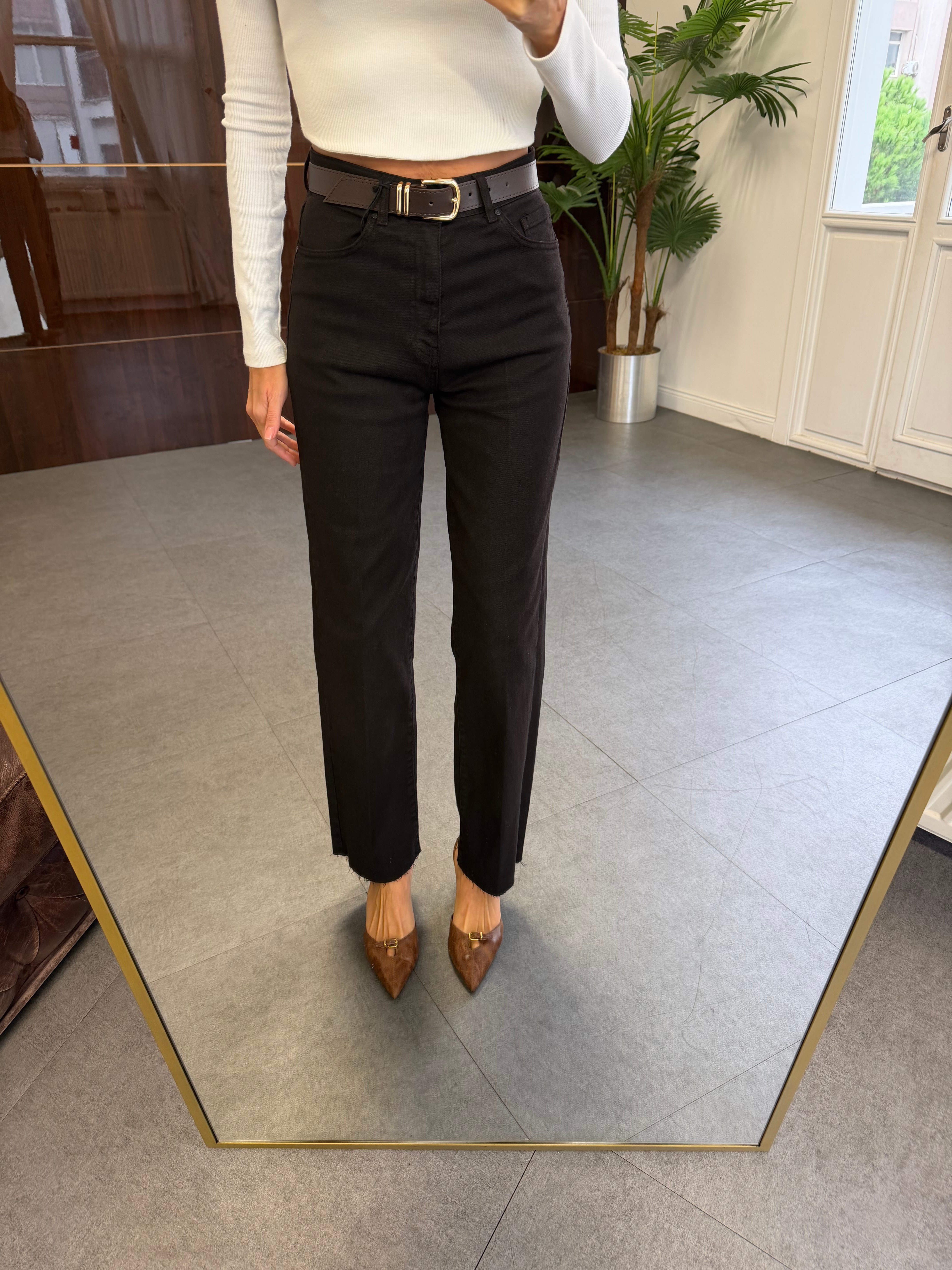 Acı Kahve Kemerli Kesik Paça Wide Leg Jean Pantolon