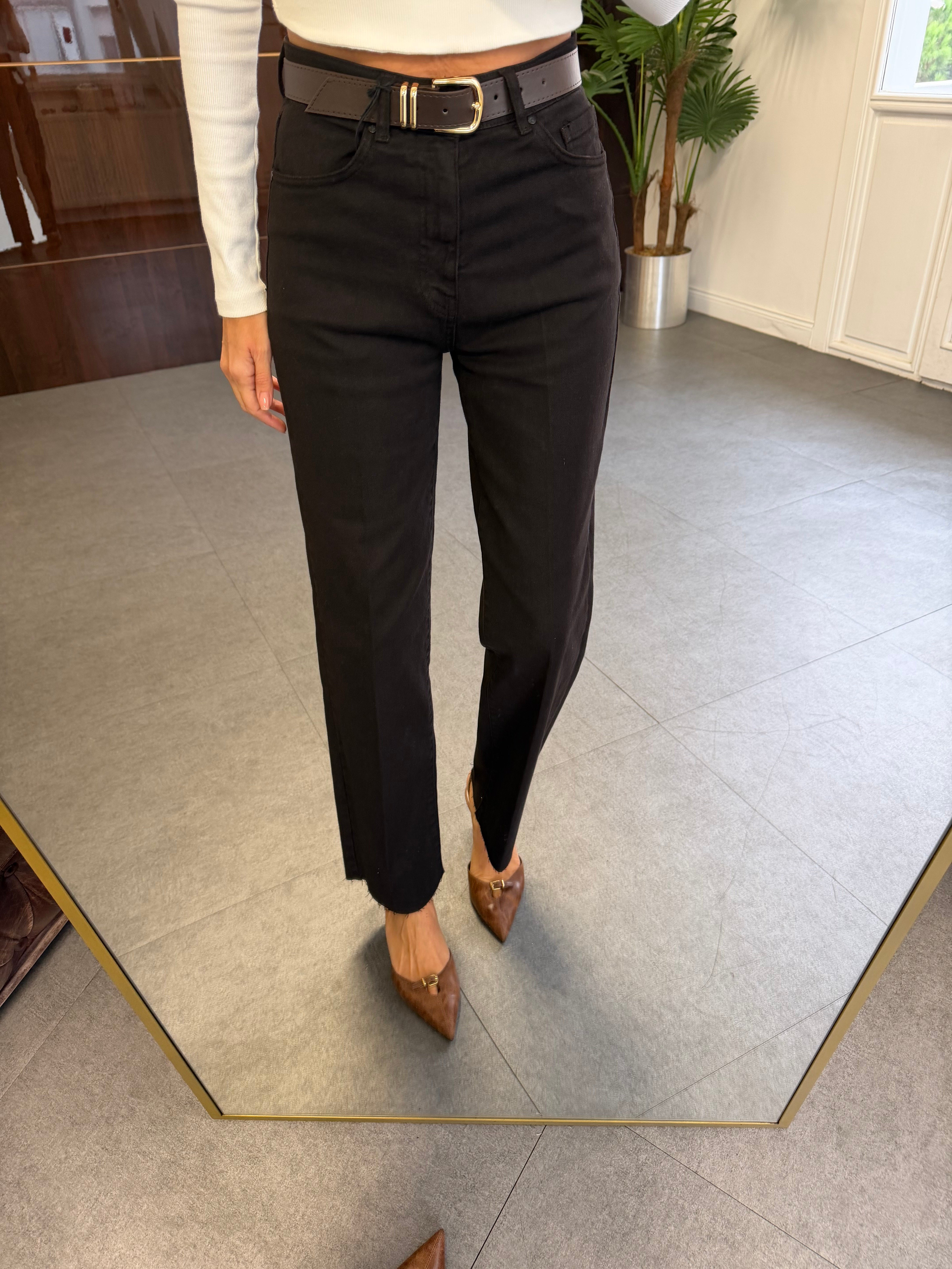 Acı Kahve Kemerli Kesik Paça Wide Leg Jean Pantolon