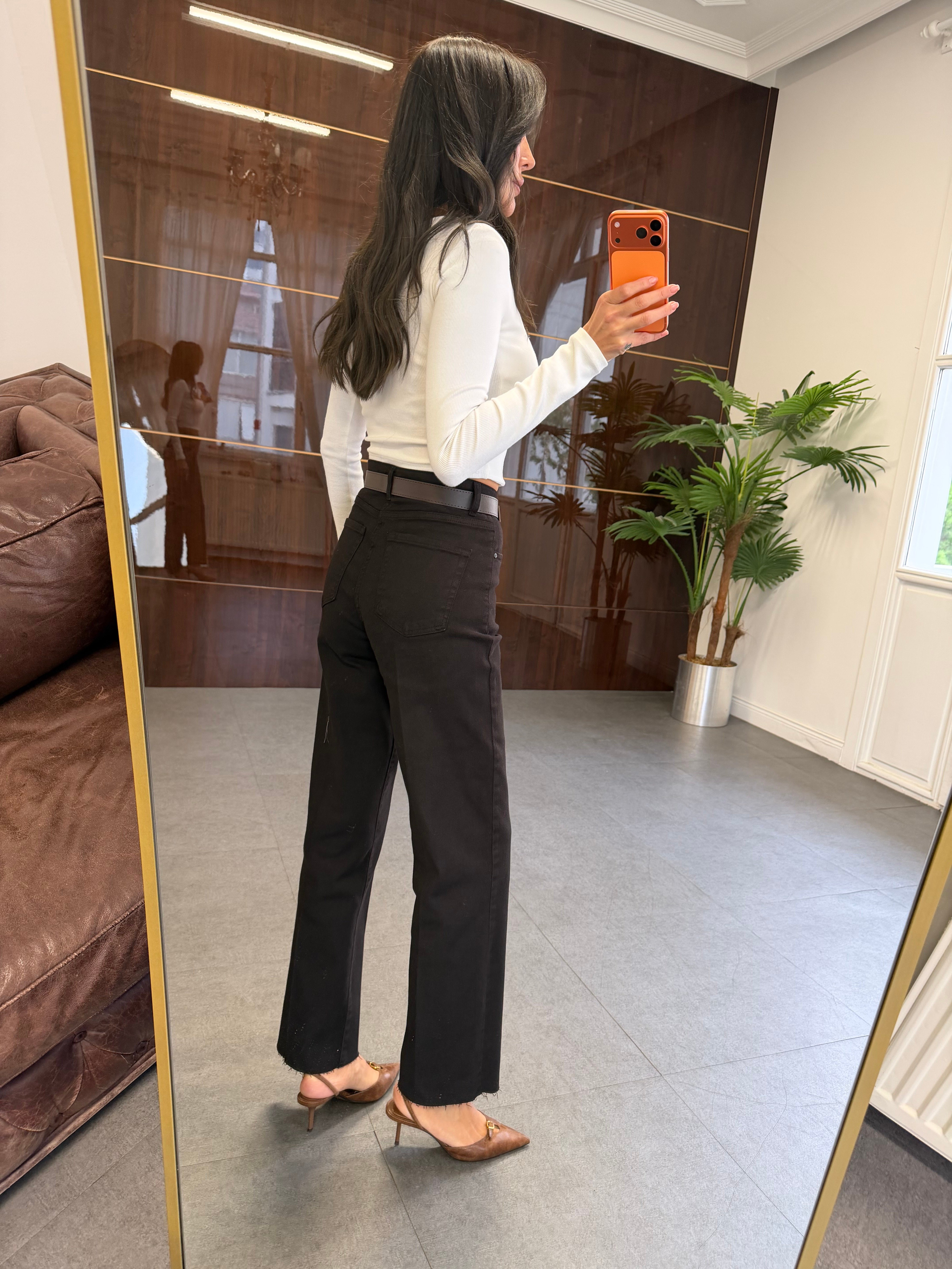 Acı Kahve Kemerli Kesik Paça Wide Leg Jean Pantolon