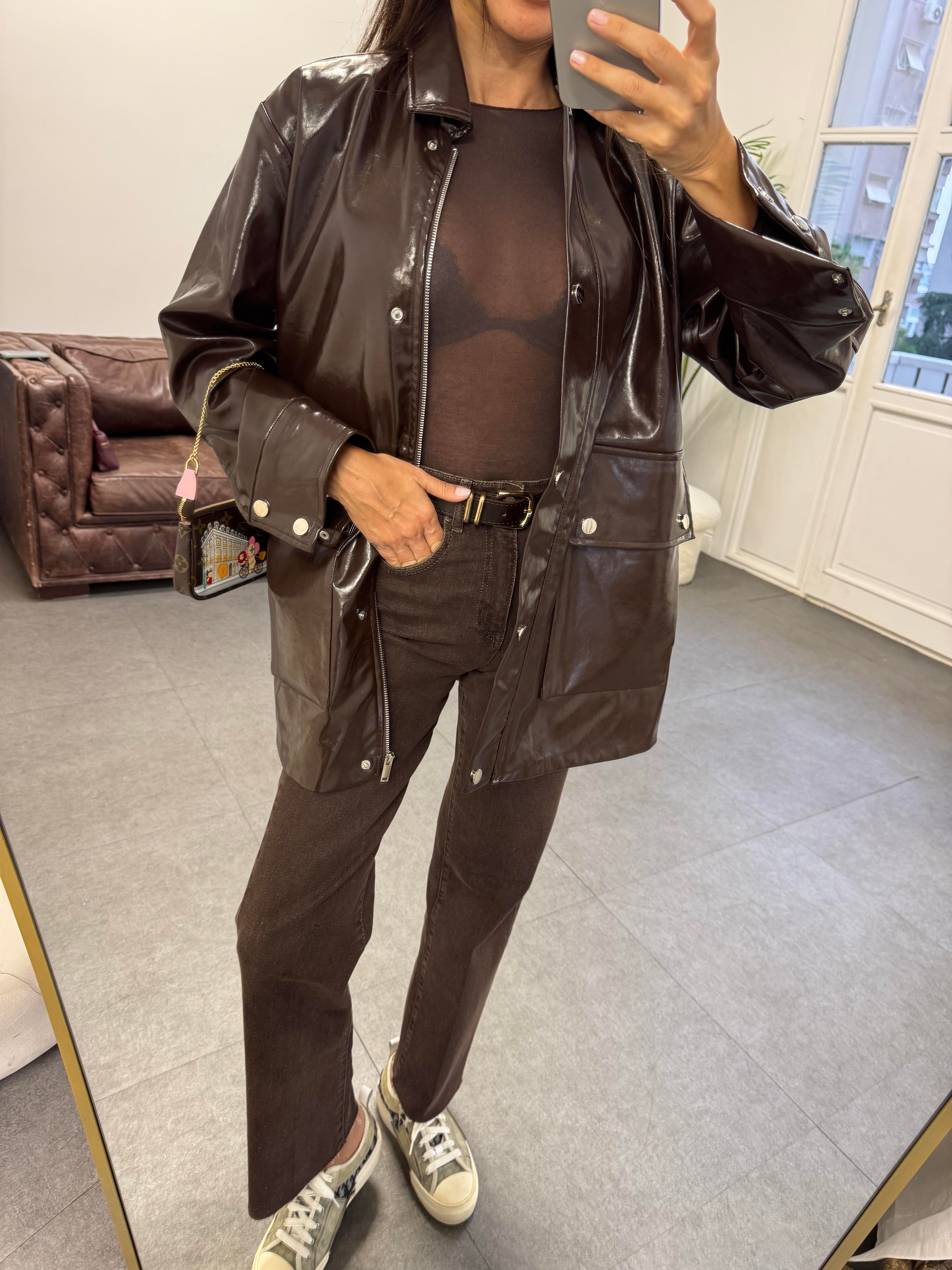 Acı Kahve Parlak 2 Cepli Deri Ceket